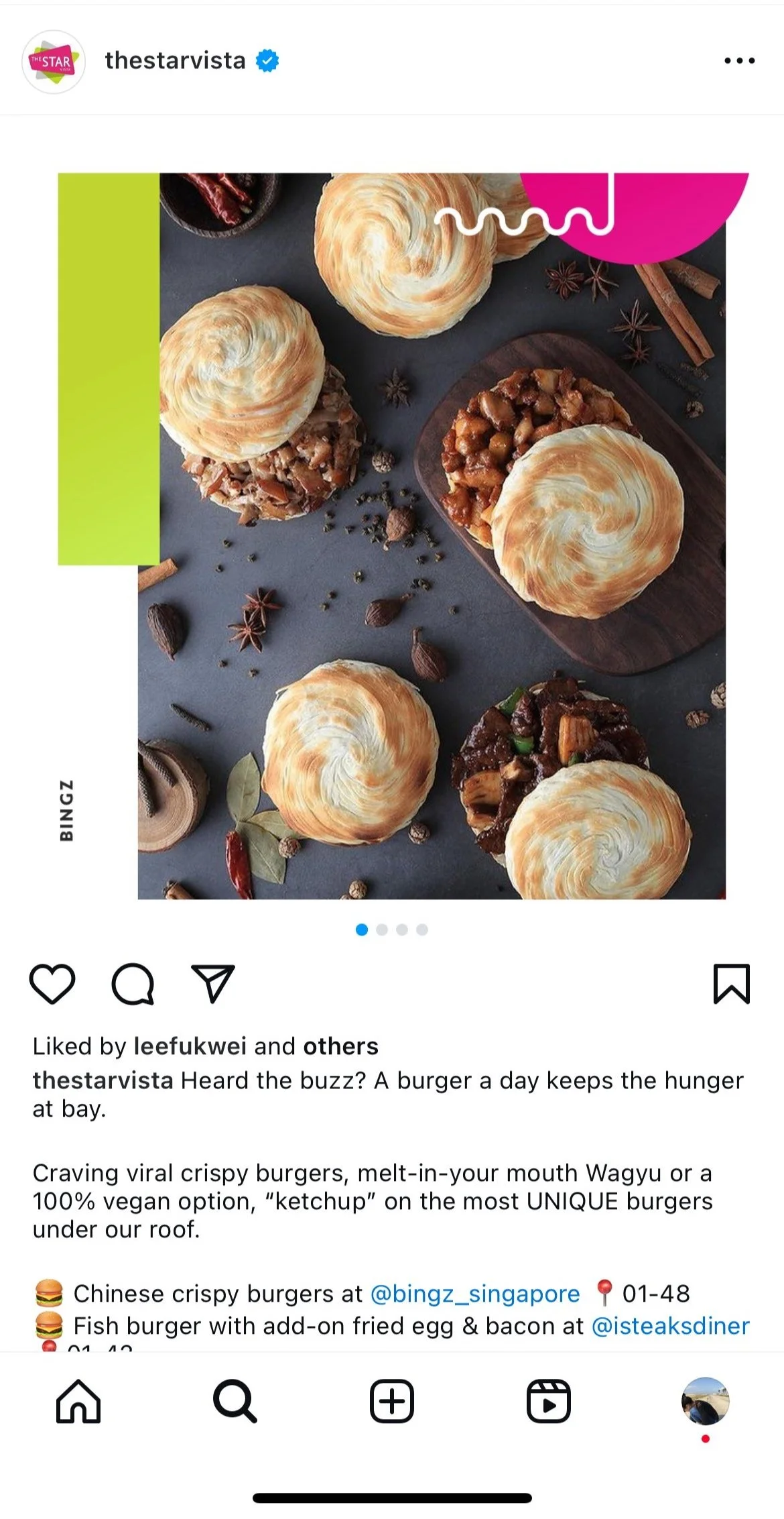 Burger Roundup: An Instagram post showcasing burger joints at Star Vista mall.