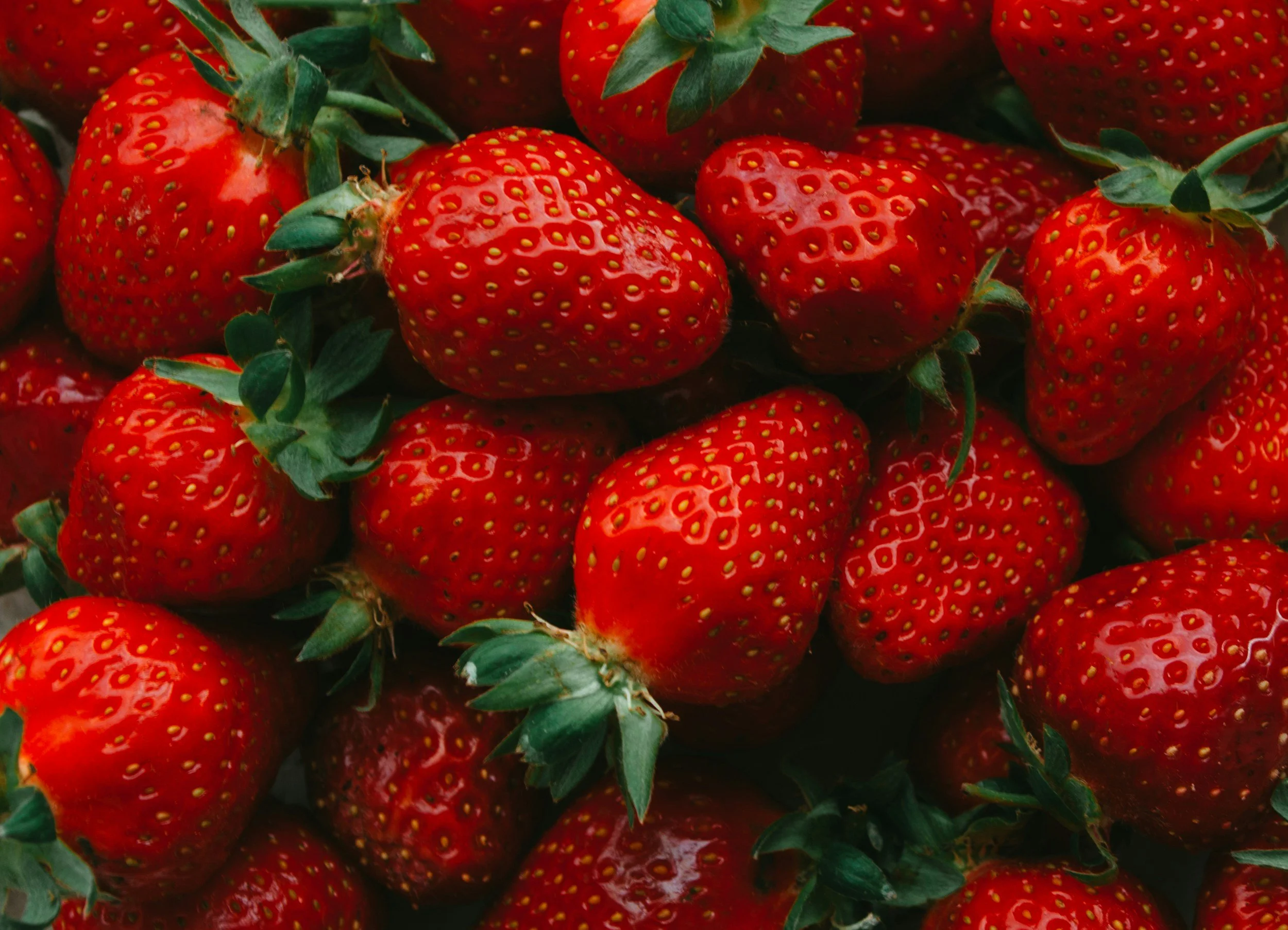 A close-up of fresh, red strawberries with green leaves.