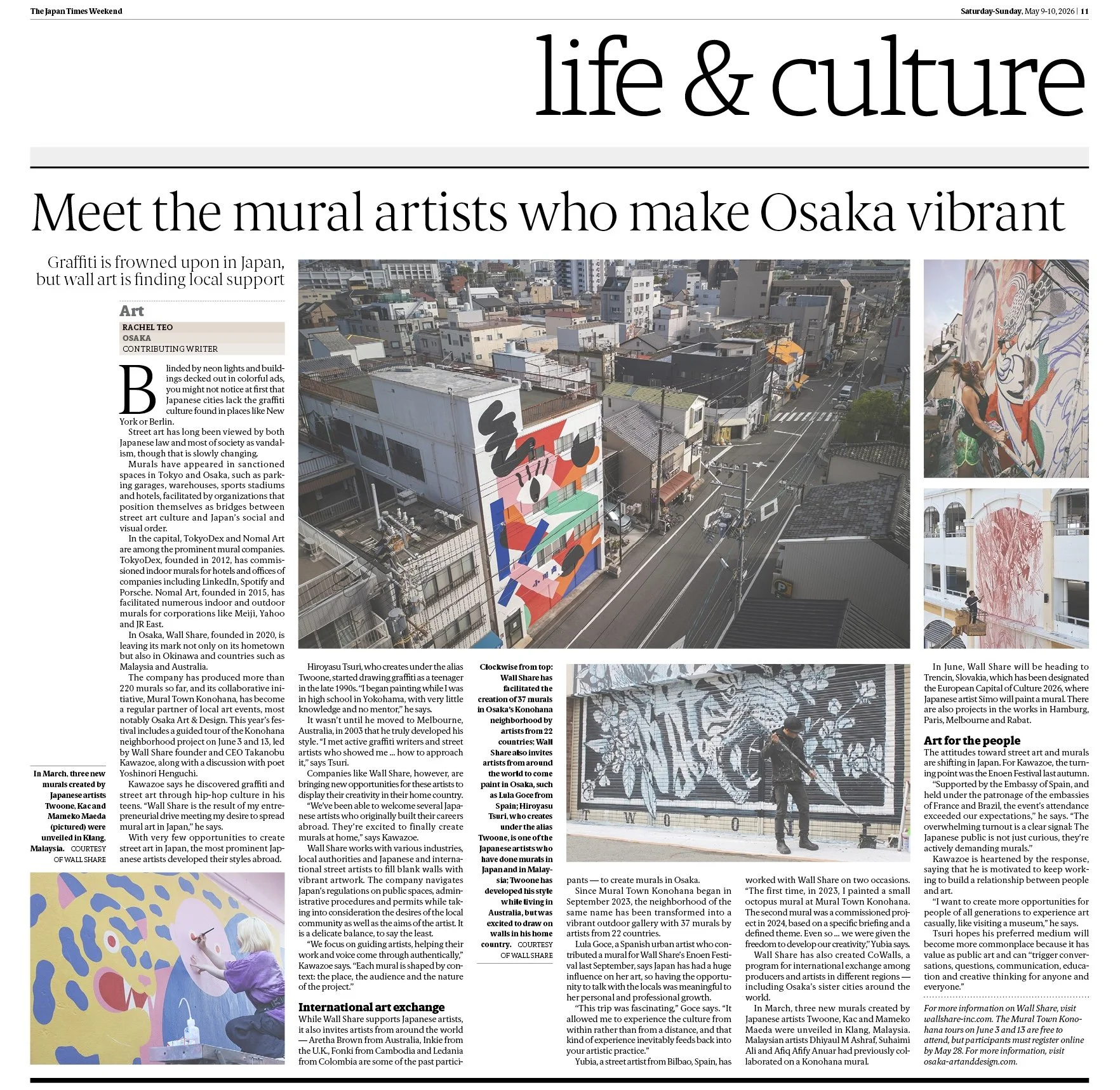The Japan Times Weekend: May 10 & 11, Life & Culture, "Meet the Mural Artists Who Make Osaka Vibrant"