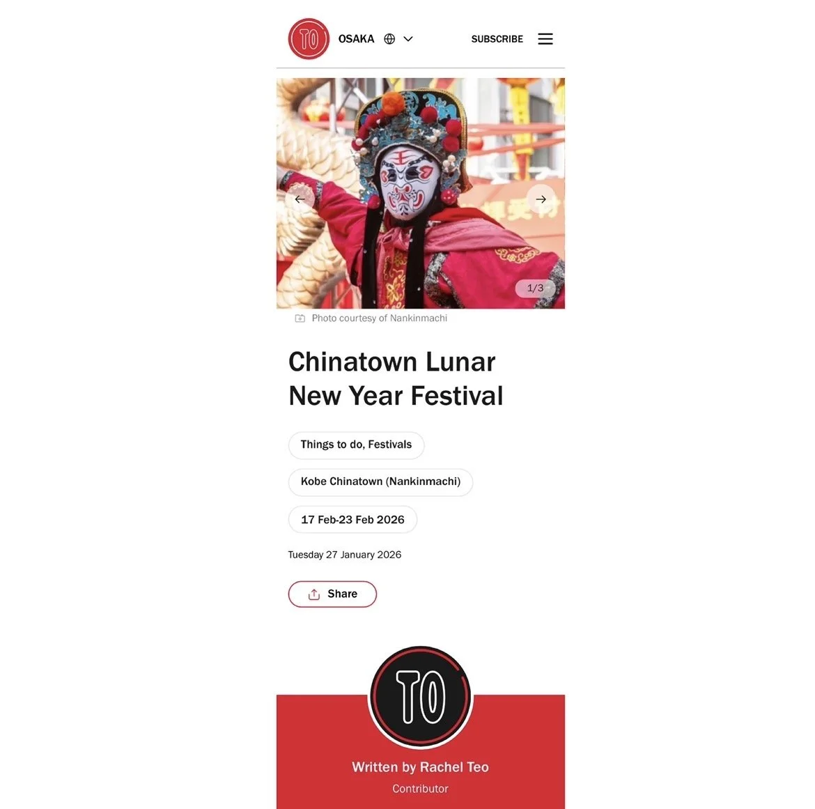 A person in traditional Chinese costume with a painted face mask and elaborate headdress at the Chinatown Lunar New Year Festival in Kobe, Osaka.