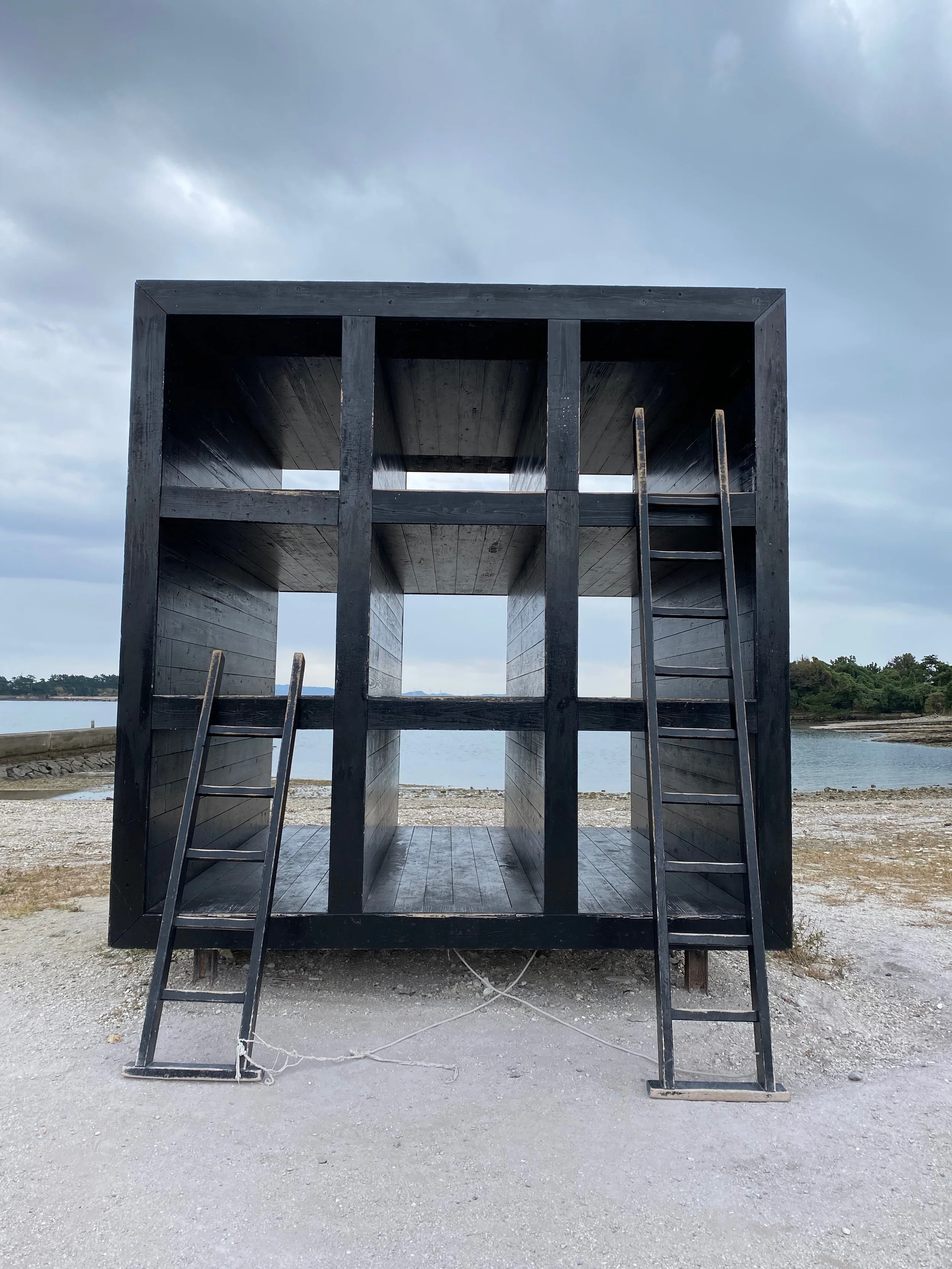 A contemporary art installation by the beach, which features a black, 3x3 wooden grid with two sets of ladders.