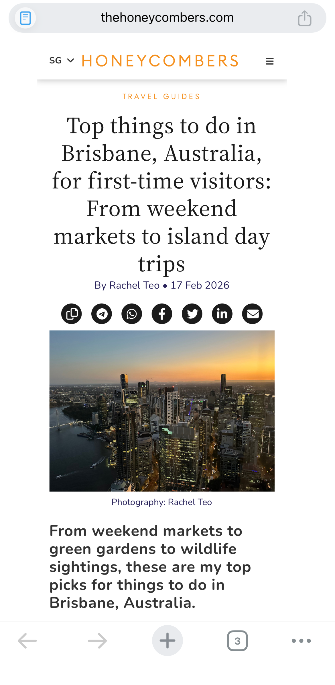 Screen capture of a webpage from honeycombers.com, showing a travel article titled "Top things to do in Brisbane, Australia, for first-time visitors." The article includes a sunset view of Brisbane's skyline, with tall buildings and a river. Copyright credited to Rachel Teo.