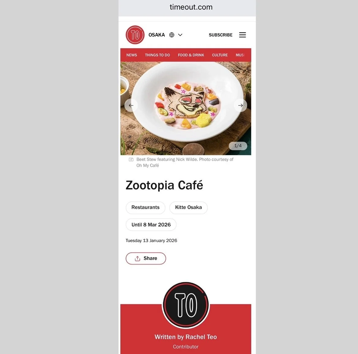 Screenshot of a webpage from Timeout.com featuring Zootopia Café in Osaka. The top section shows a photo of beet stew with the character Nick Wilde from Zootopia. The page includes navigation tabs, location, and information about the restaurant's opening until March 8, 2026.