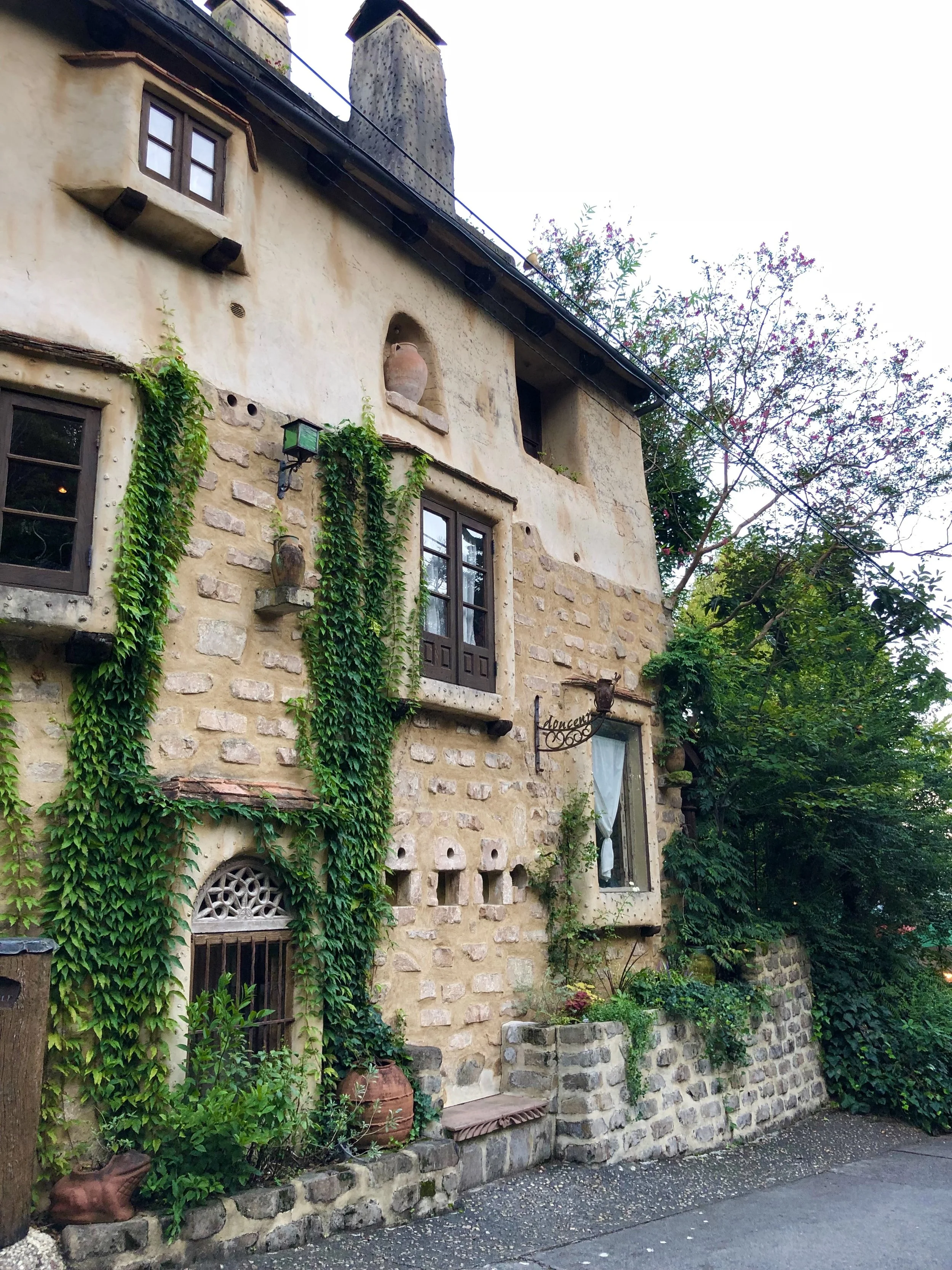 An old, rustic building with a stone and plaster exterior, green vines climbing the wall, wooden framed windows, a small flower bed, and a tree on the right side.