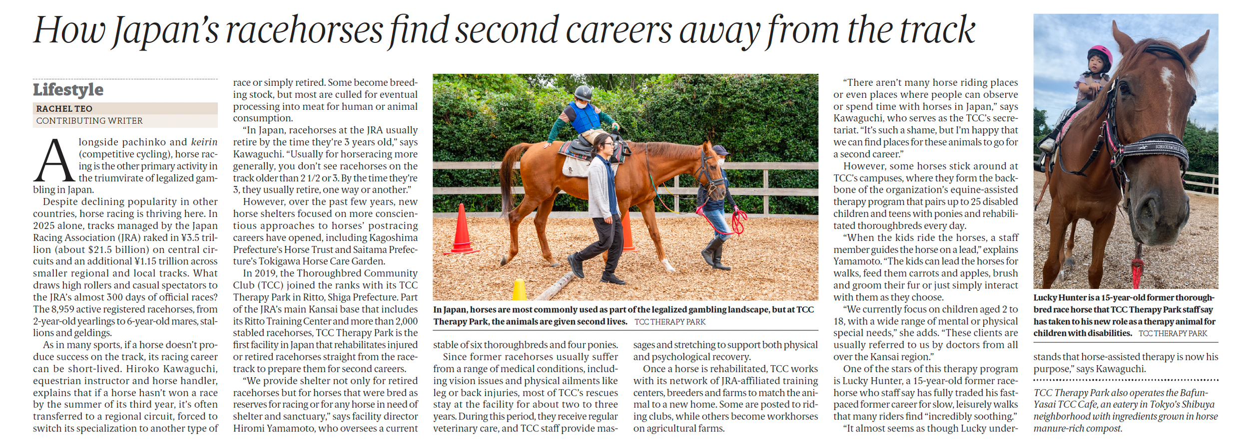 Newspaper article titled 'How Japan's racehorses find second careers away from the track.' Shows a photo of a girl riding a horse on a sunny day, with two additional people nearby and an orange traffic cone. There's a close-up photo of a brown horse wearing a bridle, with a caption about a horse named Lucky Hunter transitioning to a therapy animal.