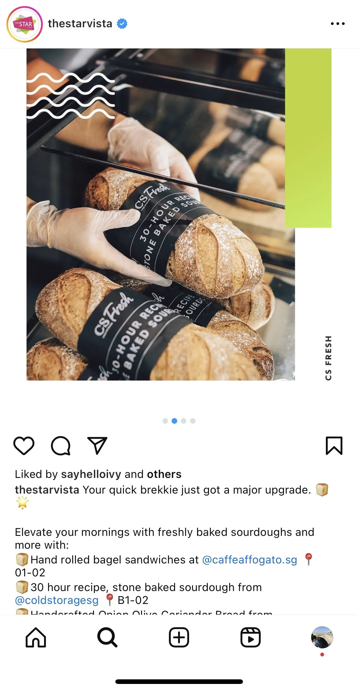 Freshly Baked Bread: An Instagram post featuring quality breads and sandwiches at Star Vista Mall.