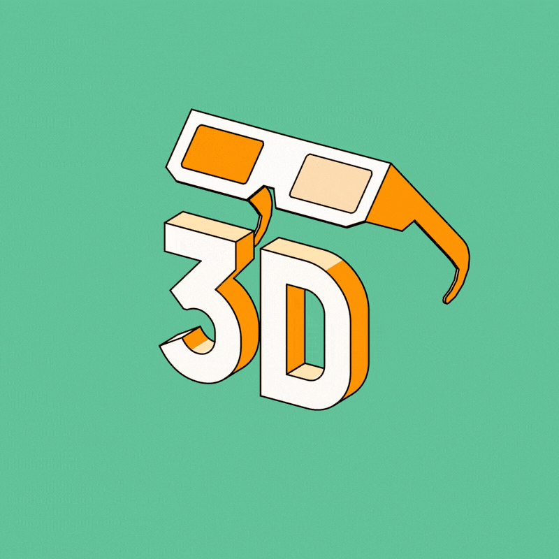 Illustration of 3D glasses and the text '3D' on a turquoise background.