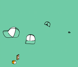 A minimalist illustration with several objects on a light green background, including three tents, two small boxes, a small black object, and a curved shape.