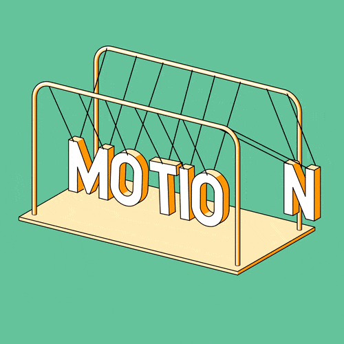 A pinball machine with the word 'MOTION' on its bumpers, featuring a yellow base and orange accents.