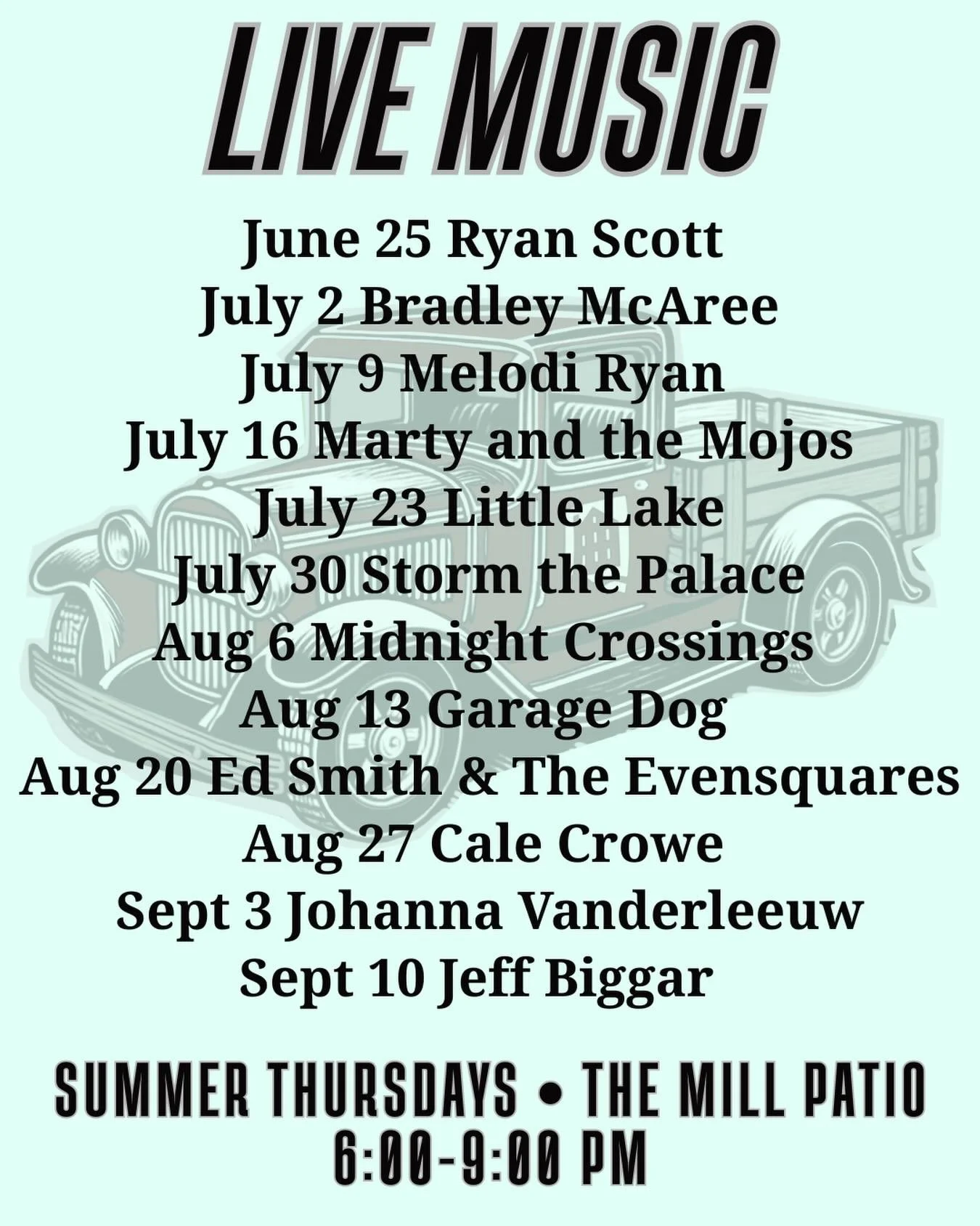 The lineup is here! The tables won&rsquo;t last! 

Reservations for our Summer Live Music Series are now open ONLINE ONLY through the weekend! 

Phone bookings begin Monday. 

Pick your dates, book your table, and get ready for the best Thursday nigh