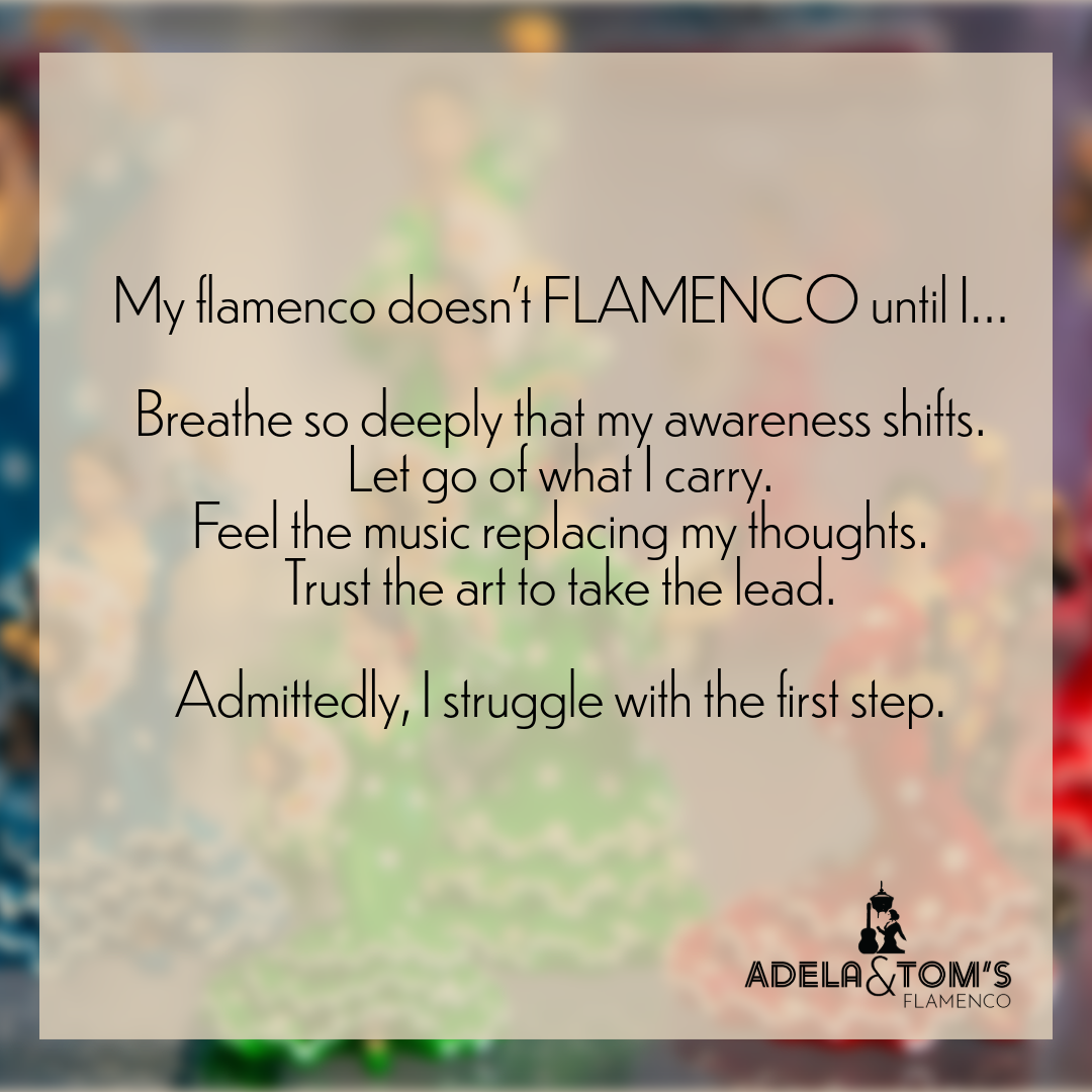 A heartfelt poem about being challenged to let go and trust "the flamenco,"  with a blurred background of painted flamenco dancing ceramic figures.