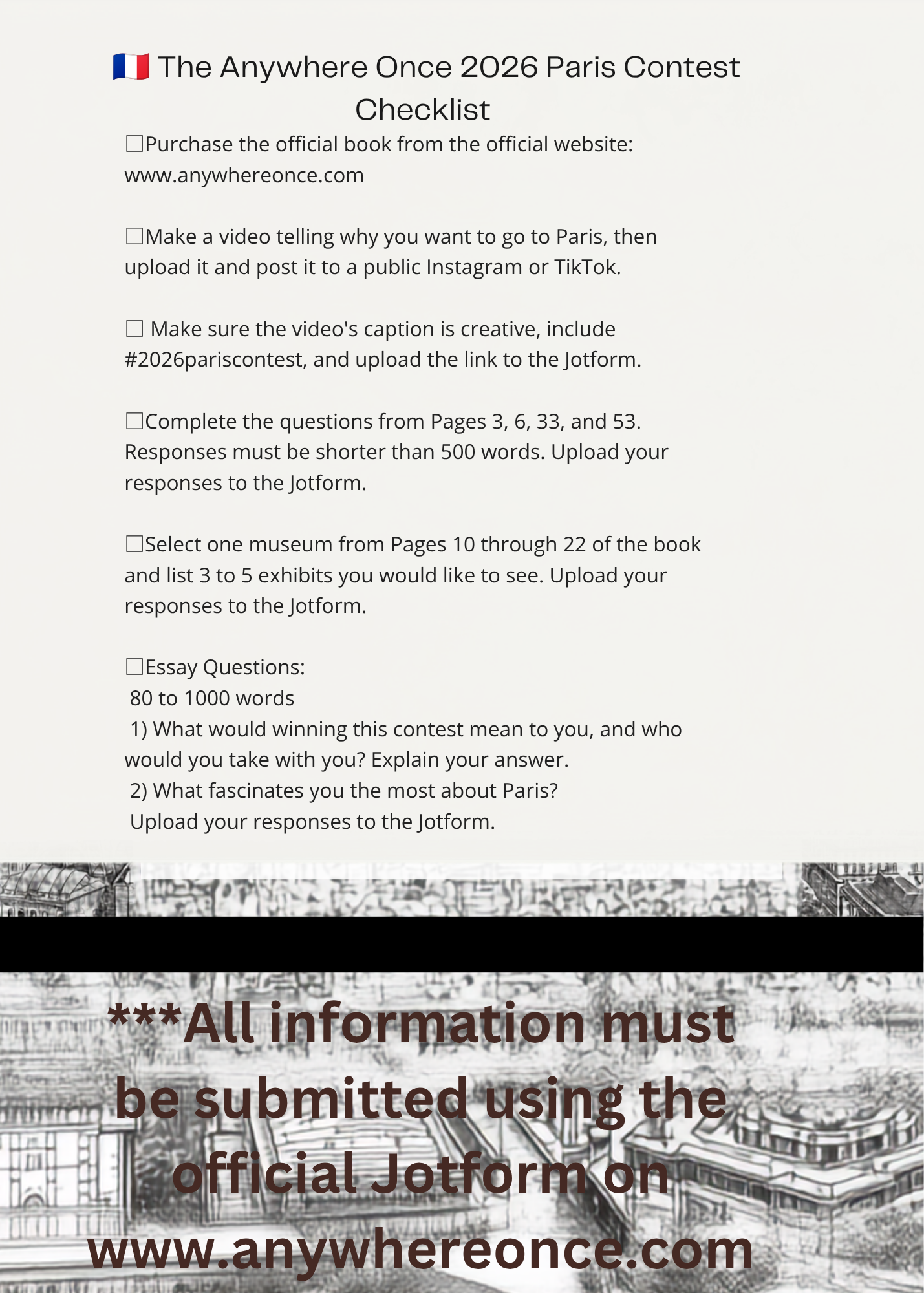 The Anywhere Once Paris 2026 Contest Checklist