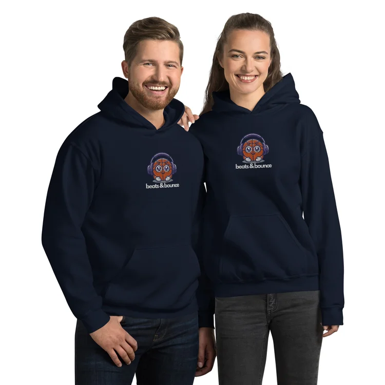 Navy hoodie with the beats & bounce logo