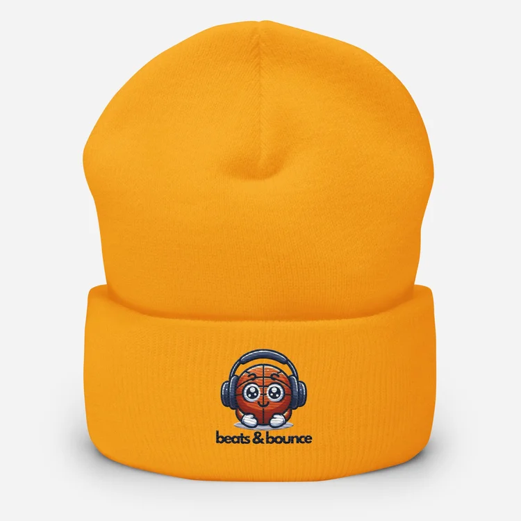 Gold cuffed beanie with the beats & bounce logo