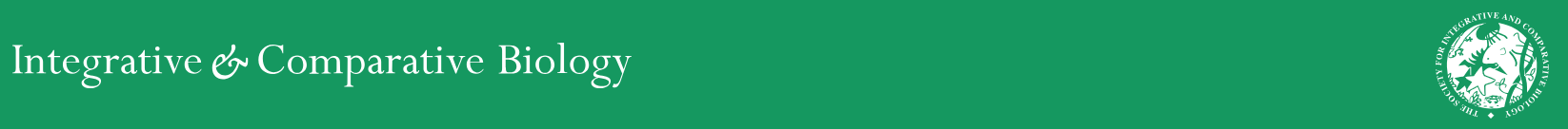 Green banner with white text reading 'Integrative & Comparative Biology' and a circular logo in the top right corner containing a tree, a fish, and a bird.