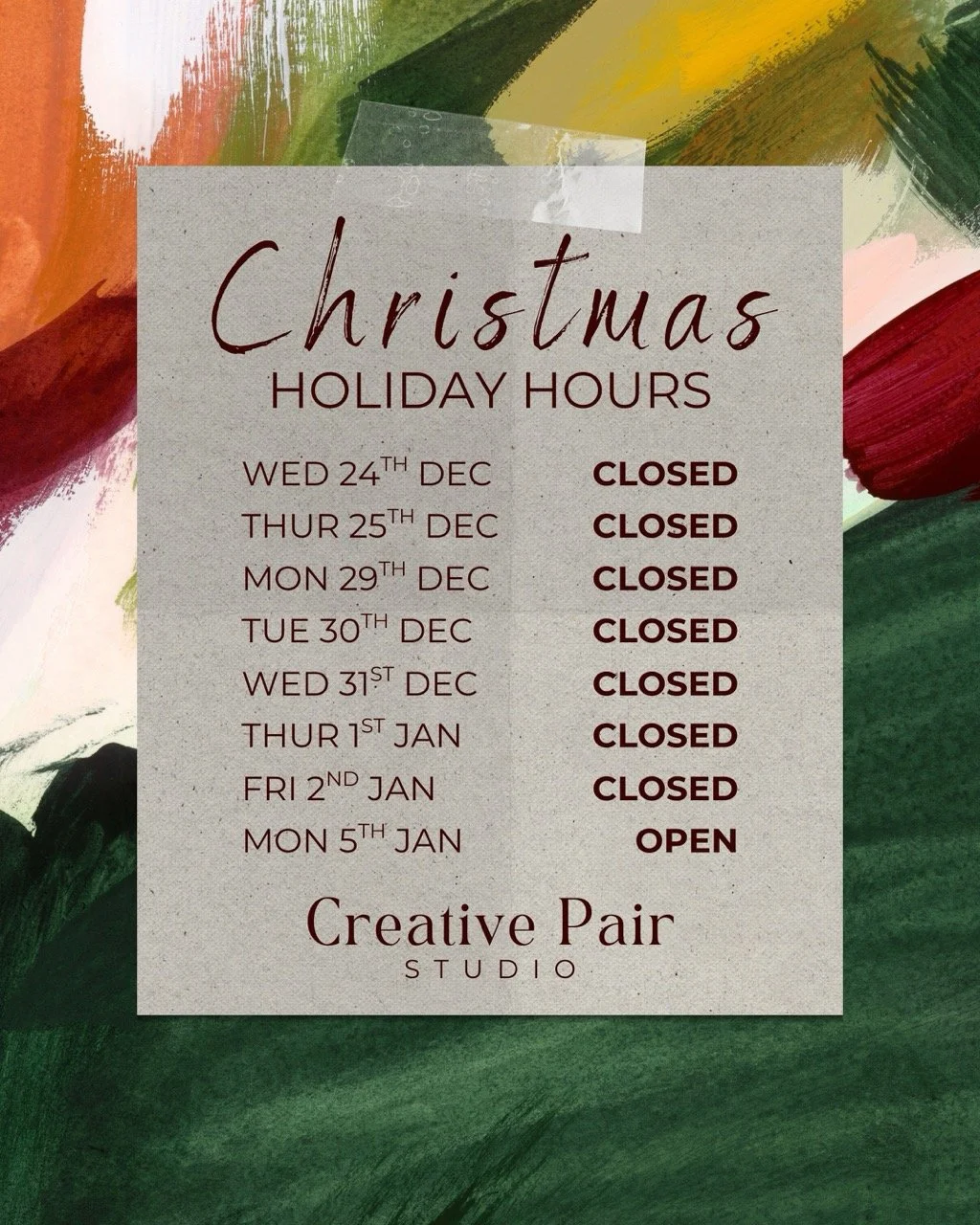 Christmas holiday Hours ✨🎄 We will be closed from the 24th of December to the 2nd of Jan.

Wishing you all a magical and creative Christmas 💛
