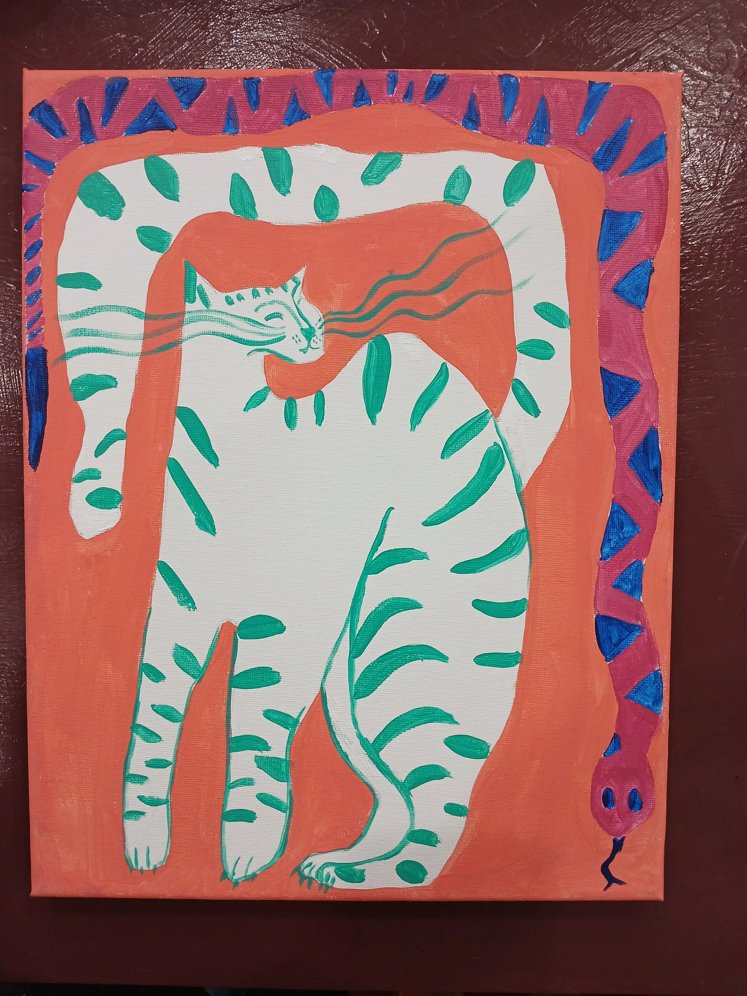 A painting of a White Cat & a Pink Snake on a coral pink background