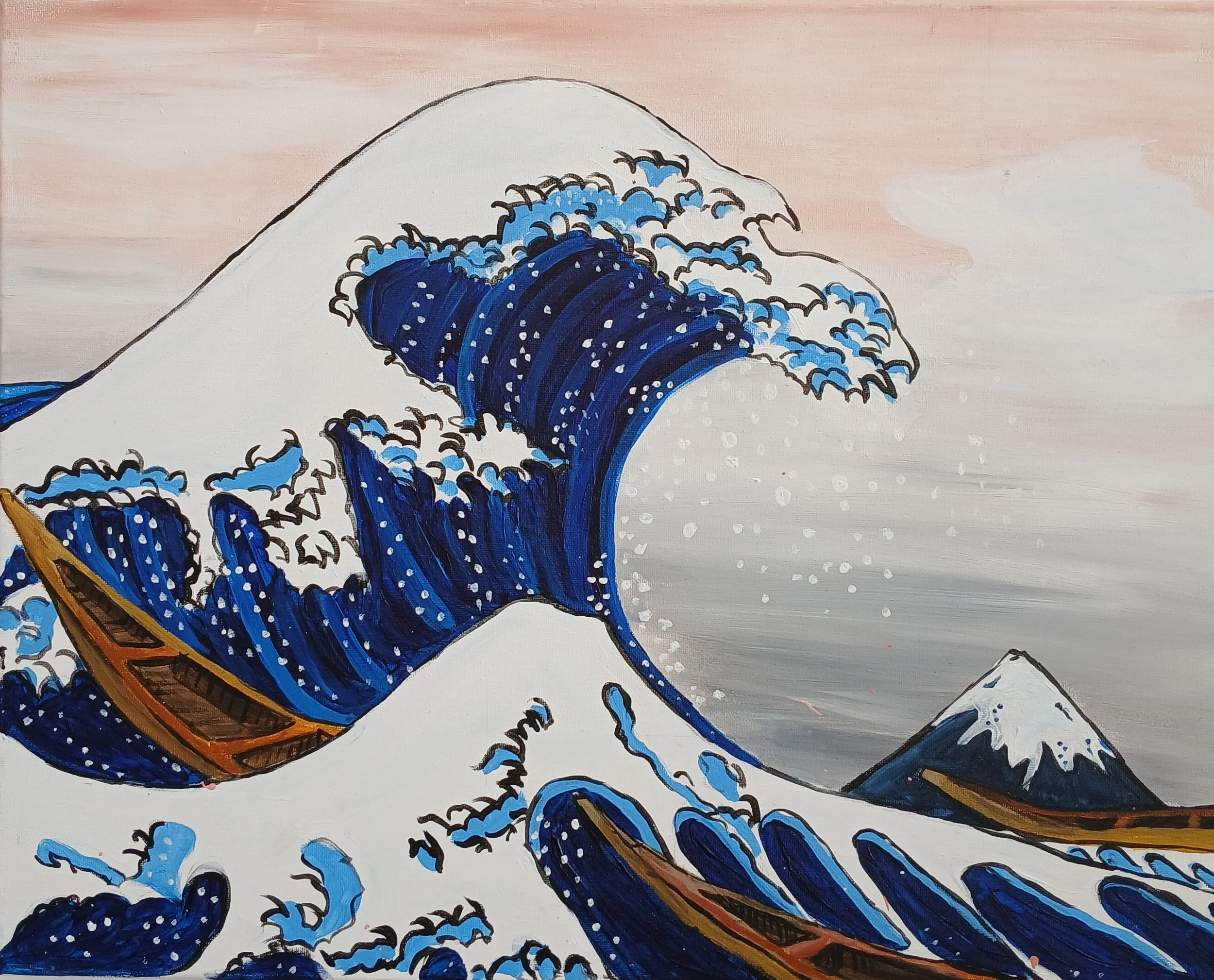 Great Wave of Kanagawa blue and coral sky boats 