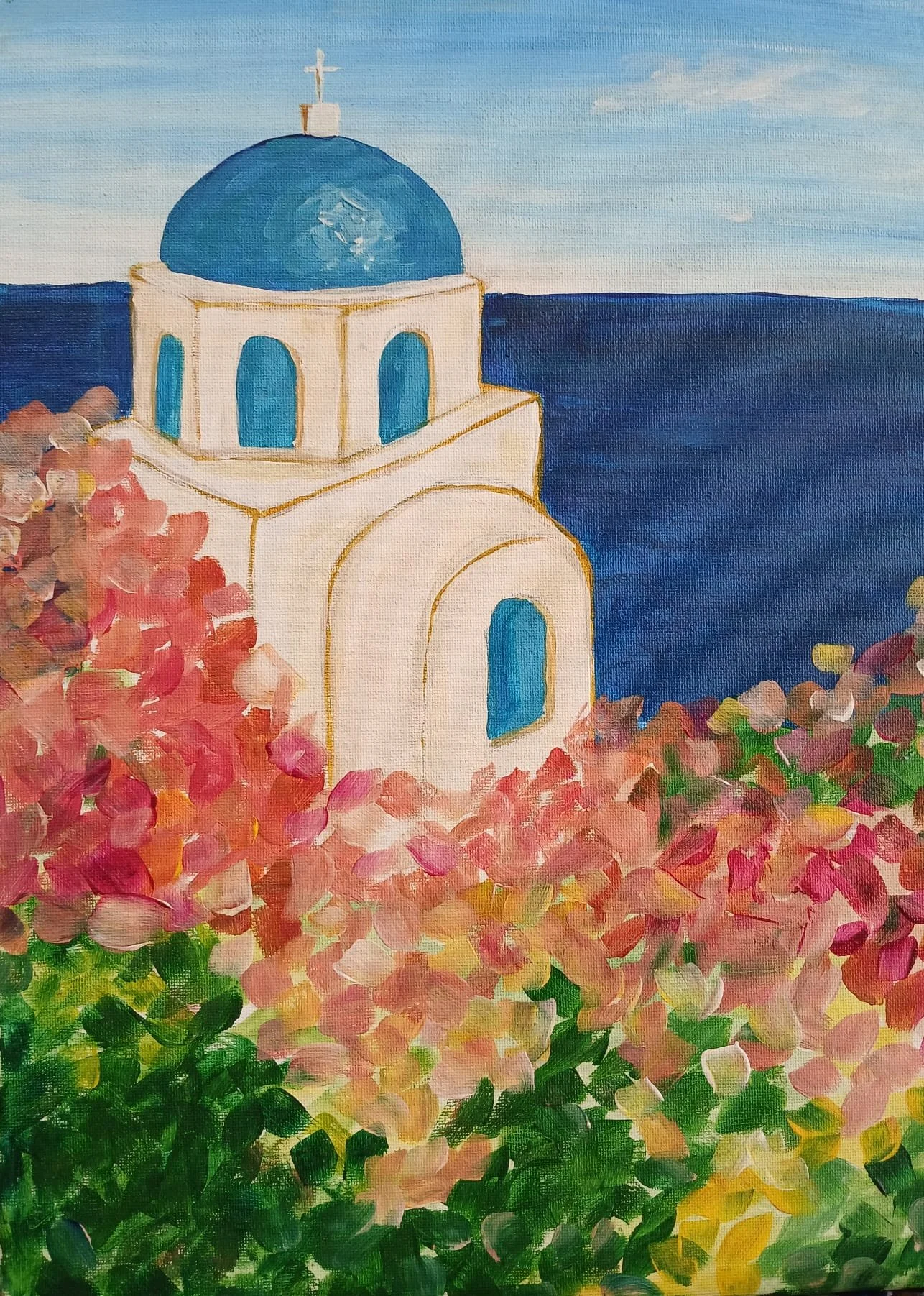 Santorini white house Blue sea with pink flowers and green