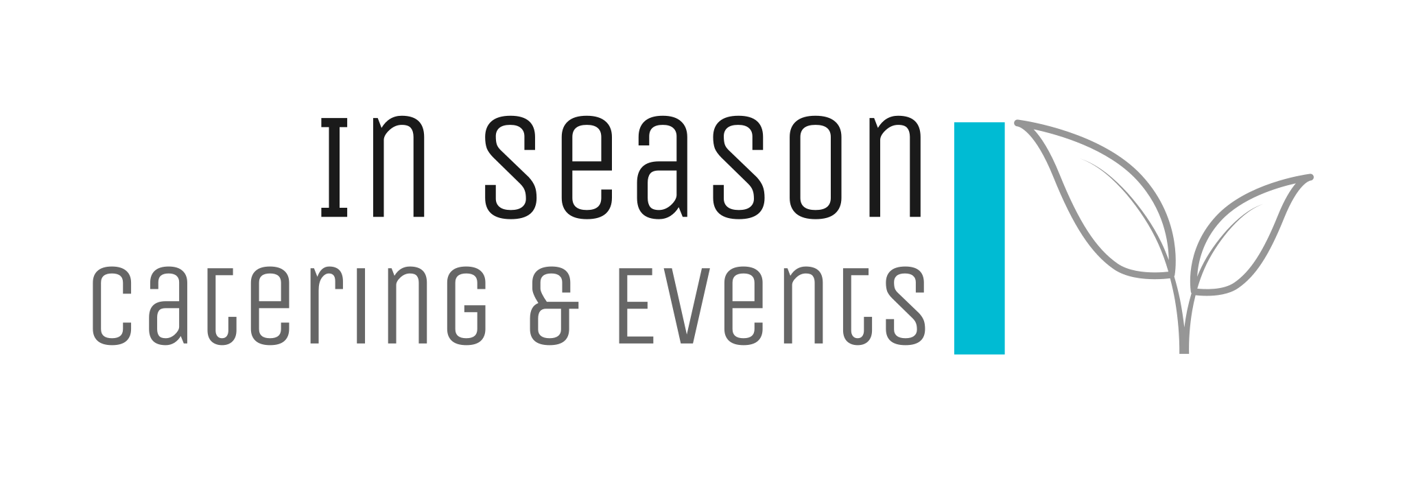 Logo for In Season Catering & Events with black text, a blue vertical line, and a gray outline of a plant with two leaves.