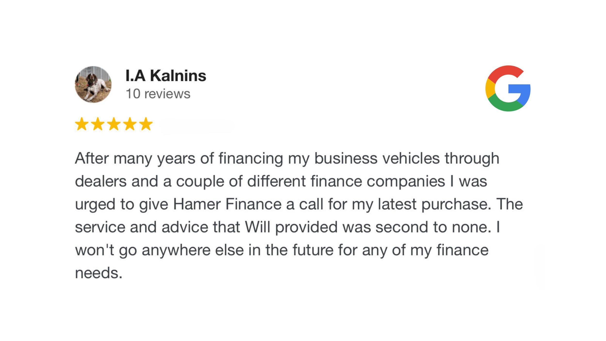 Screenshot of a Google review with five stars, from I. A. Kalnins, praising Hamer Finance for excellent service and advice.