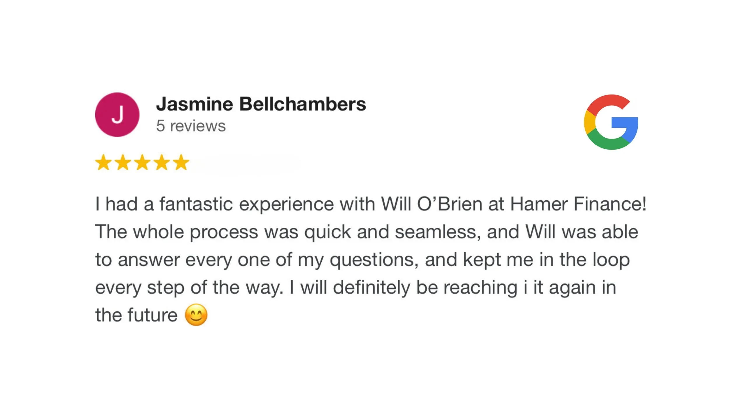 Google review for Jasmine Bellchairs with five stars, five reviews, showing a pink circle with a white 'J', a Google logo, and a positive testimonial text.