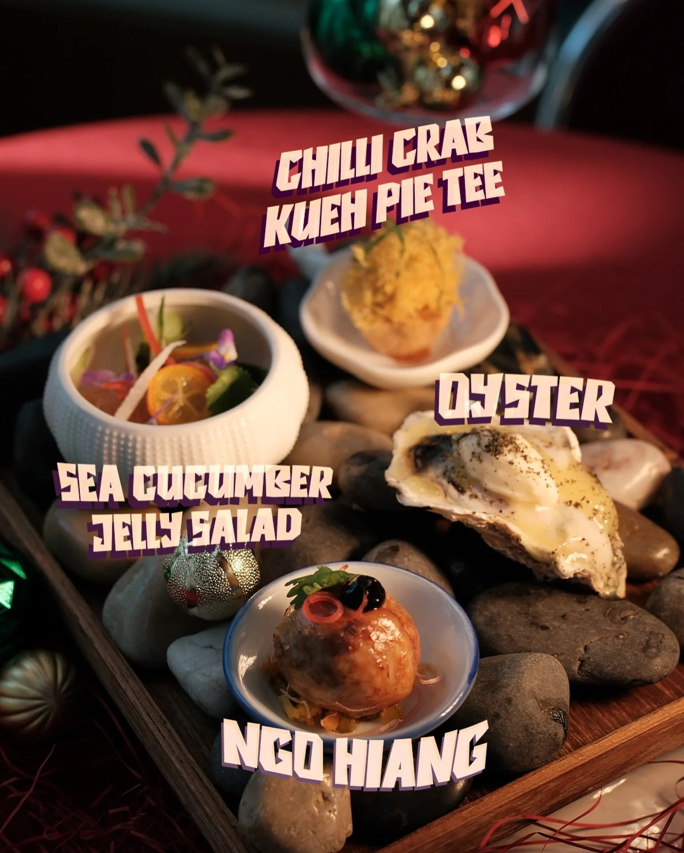 Christmas snacking, Choon Hoy style 🎄
A festive spread inspired by heritage flavours and playful twists perfect for sharing around the table.

From Hyogo oysters with coriander and pineapple jelly, to comforting Teochew ngo hiang, refreshing sea cuc