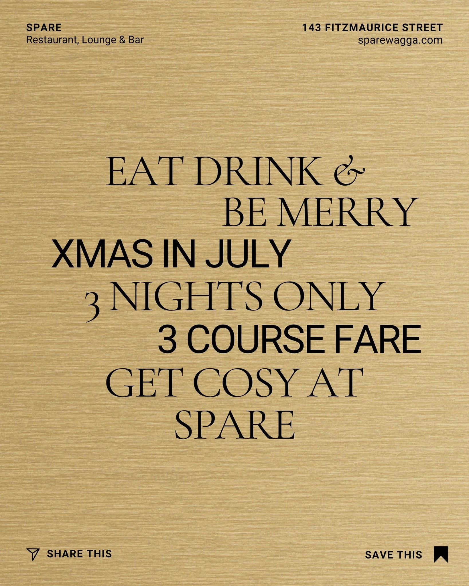 🍽️ 🥂🎅 Eat, Drink &amp; Be Merry at Spare.
3 course winter fare. Xmas in July. Wine pairings to match.
3 nights only 🛷 Limited seats.
Bookings now open &rarr; www.sparewagga.com/events/xmas-in-july

#visitwagga #sparewagga #xmasinjuly #14 #15 #16