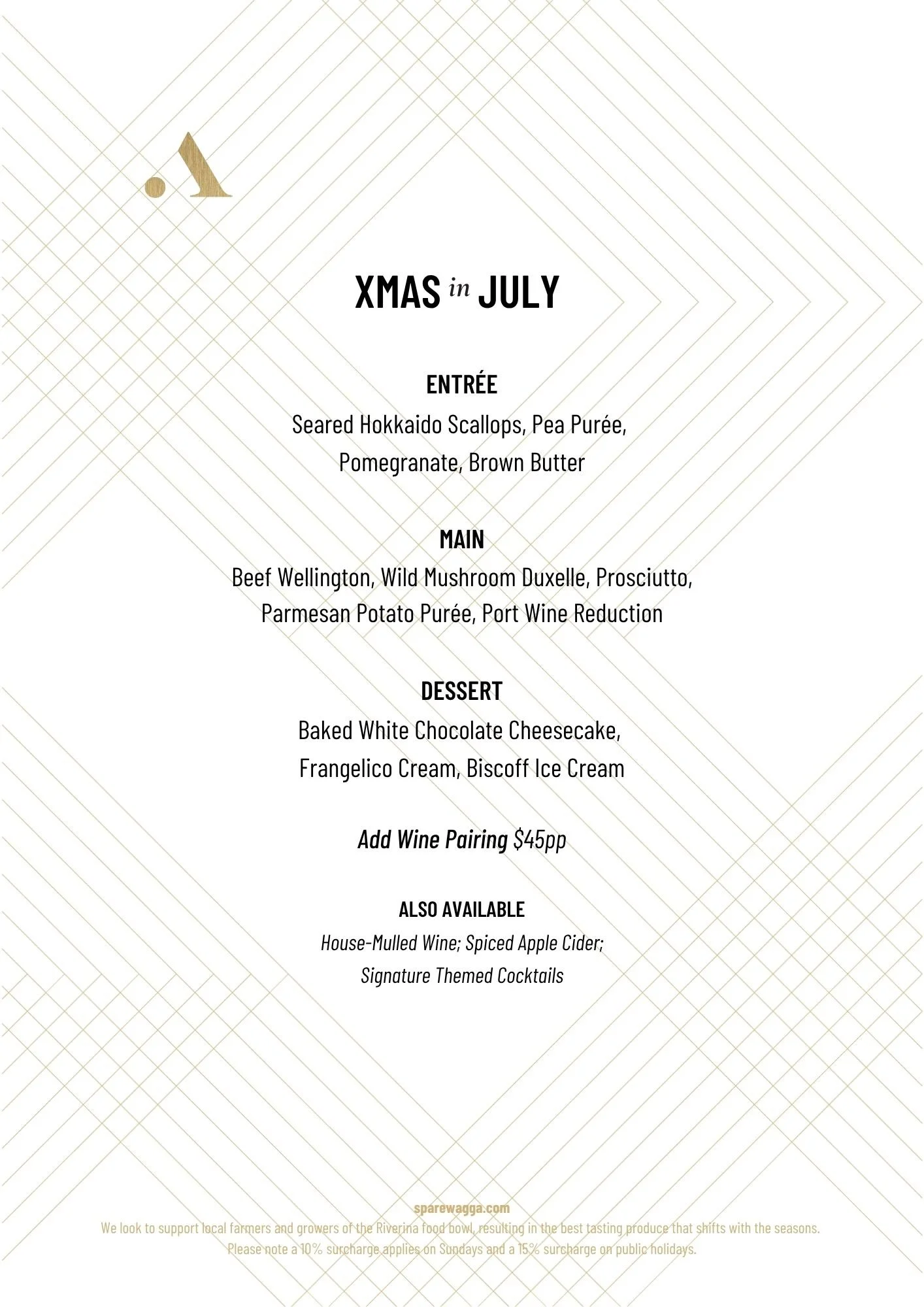 The menu to celebrate Christmas in July at Spare Restaurant