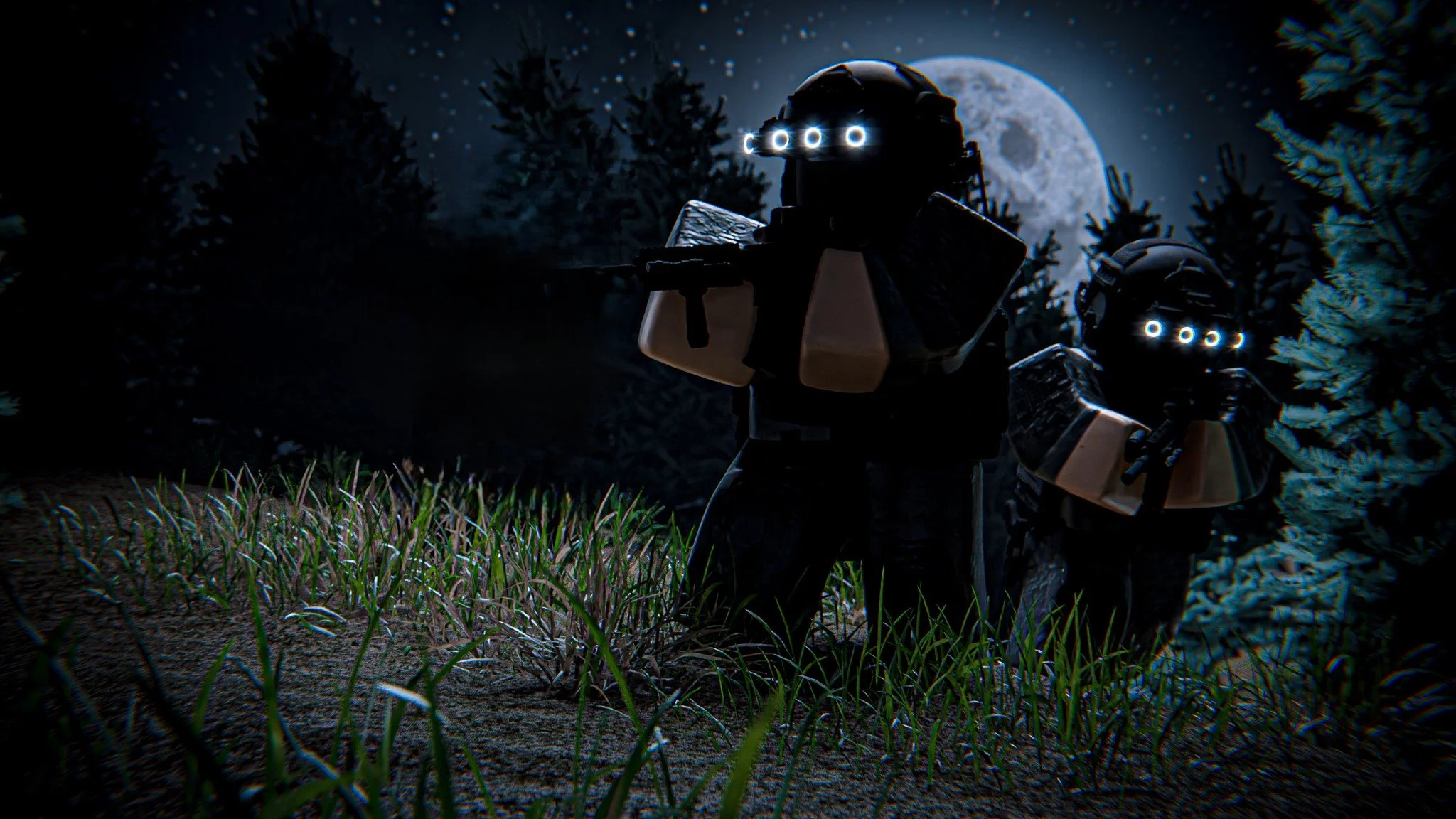 Two futuristic soldiers with illuminated visors and armor carrying guns in a night-time forest, with the full moon in the background.
