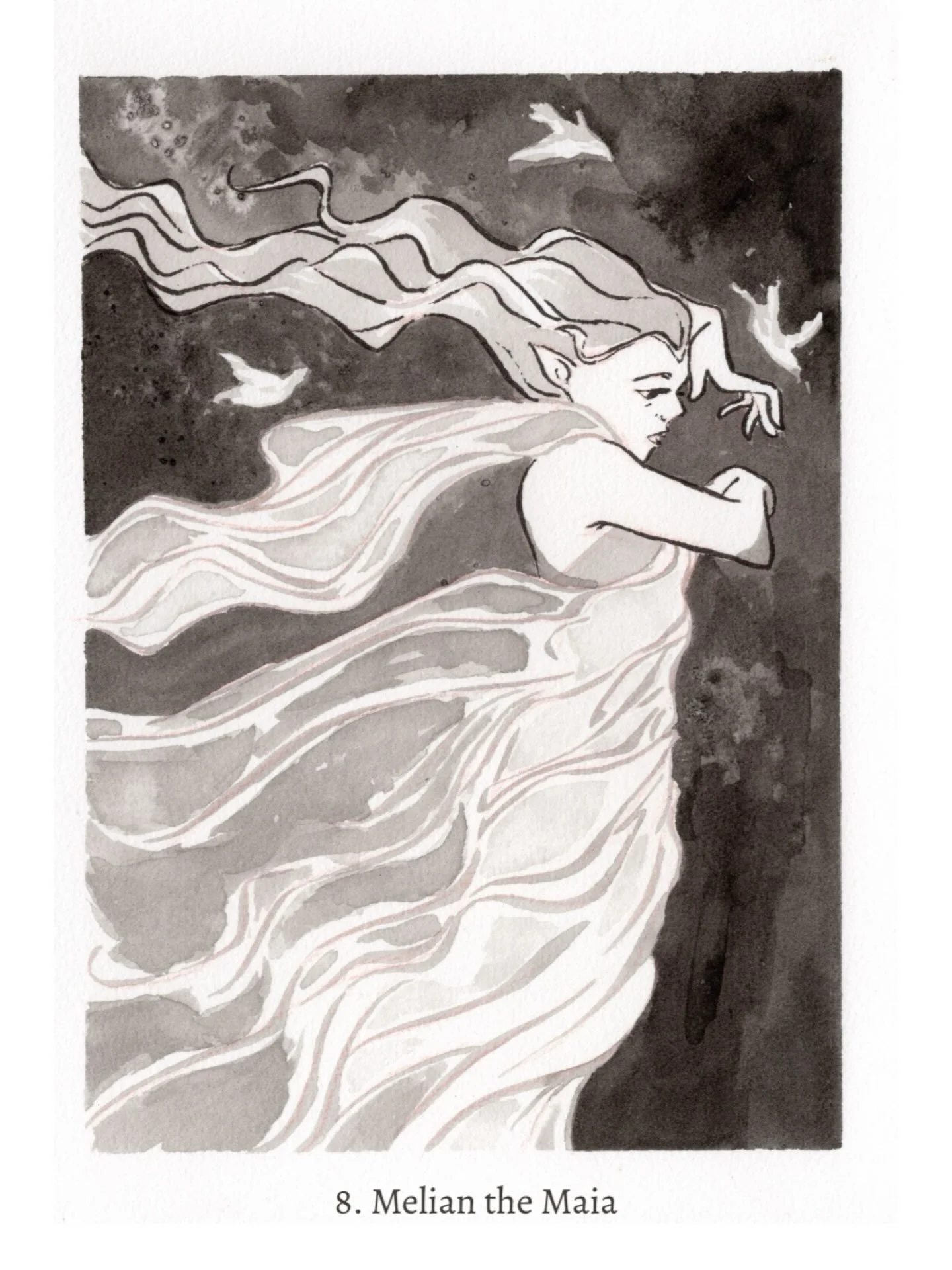 Inktober day 8: Melian the Maia 🌬️

Long before Beren ever entered Doriath, Thingol met Melian in the forest and fell under an enchantment. Melian is a Maia &mdash; one of the powerful spiritual beings who existed before the world was formed. Togeth