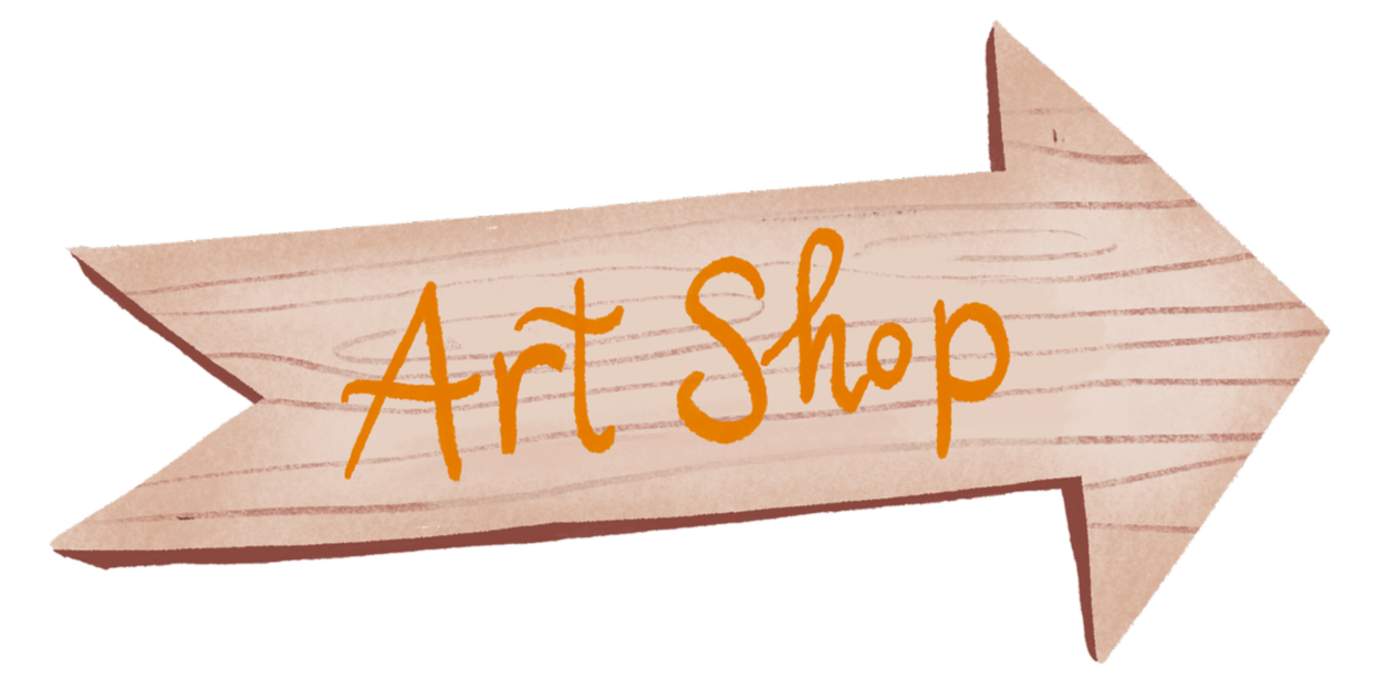 Signpost pointing toward art prints and illustrated products