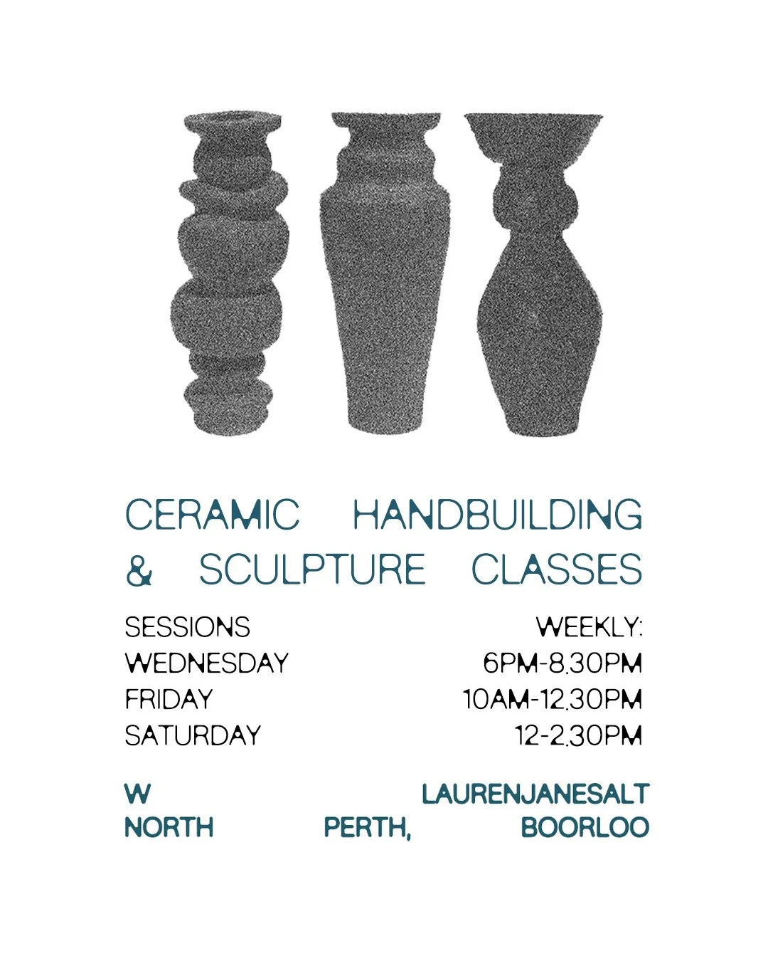 Join an open studio class and work at your own pace within a shared space. I&rsquo;ll guide you one on one, helping you build techniques and develop your ideas in clay.
Find out more at laurenjanesalt.au