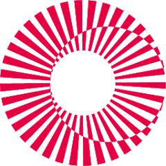 Red and black circular spiral pattern on a white background.