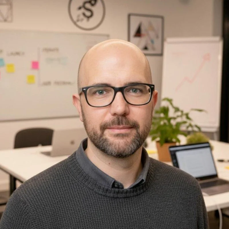 A man with glasses and a beard in an office setting, with whiteboard charts and a laptop in the background.