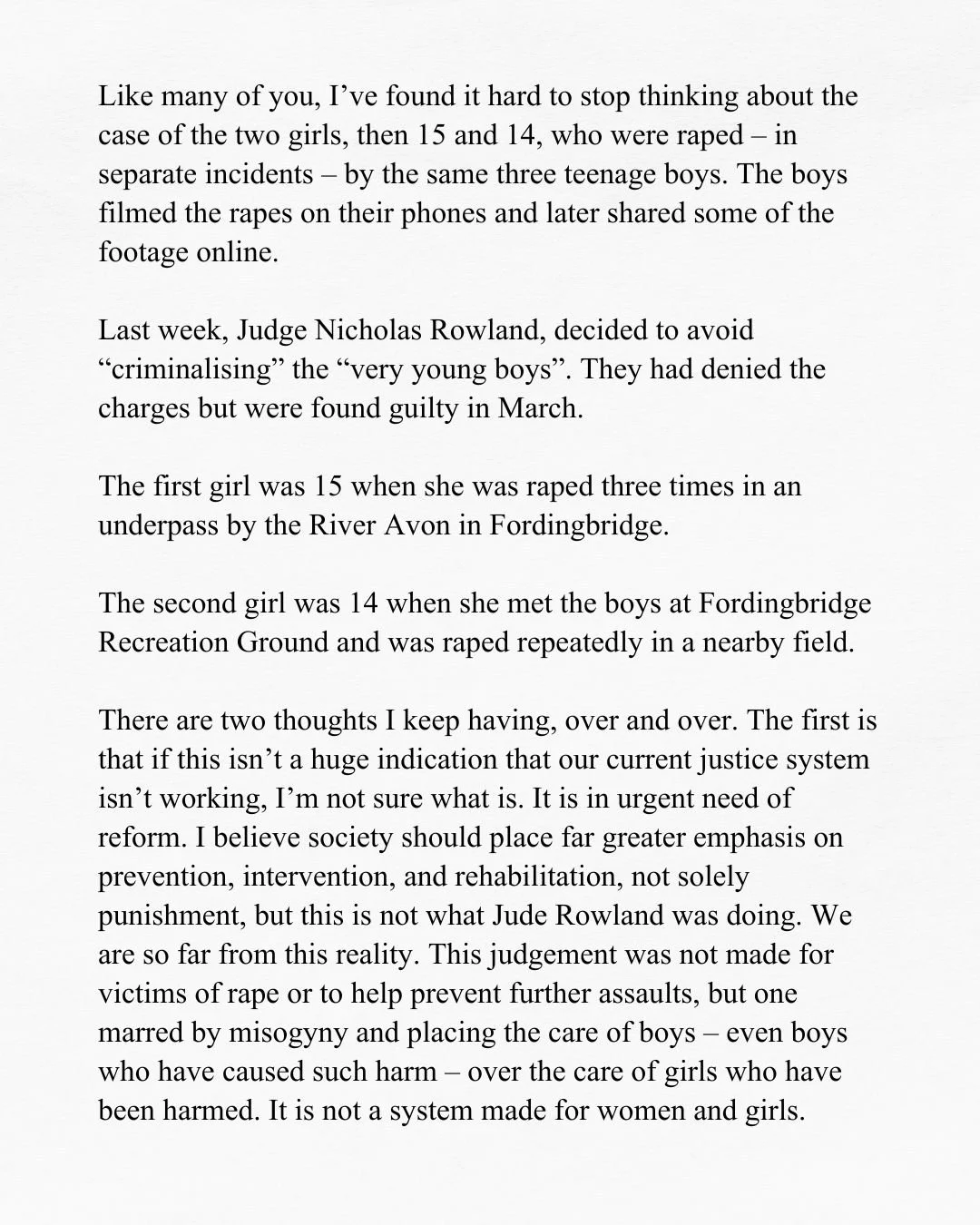 I can't stop thinking about these cases. I'm glad the court of appeal is going to review the sentences, but if Starmer et al think that's enough, it isn't. It is a barely a start. This is a culture-wide problem we all have a part in ending. If you're
