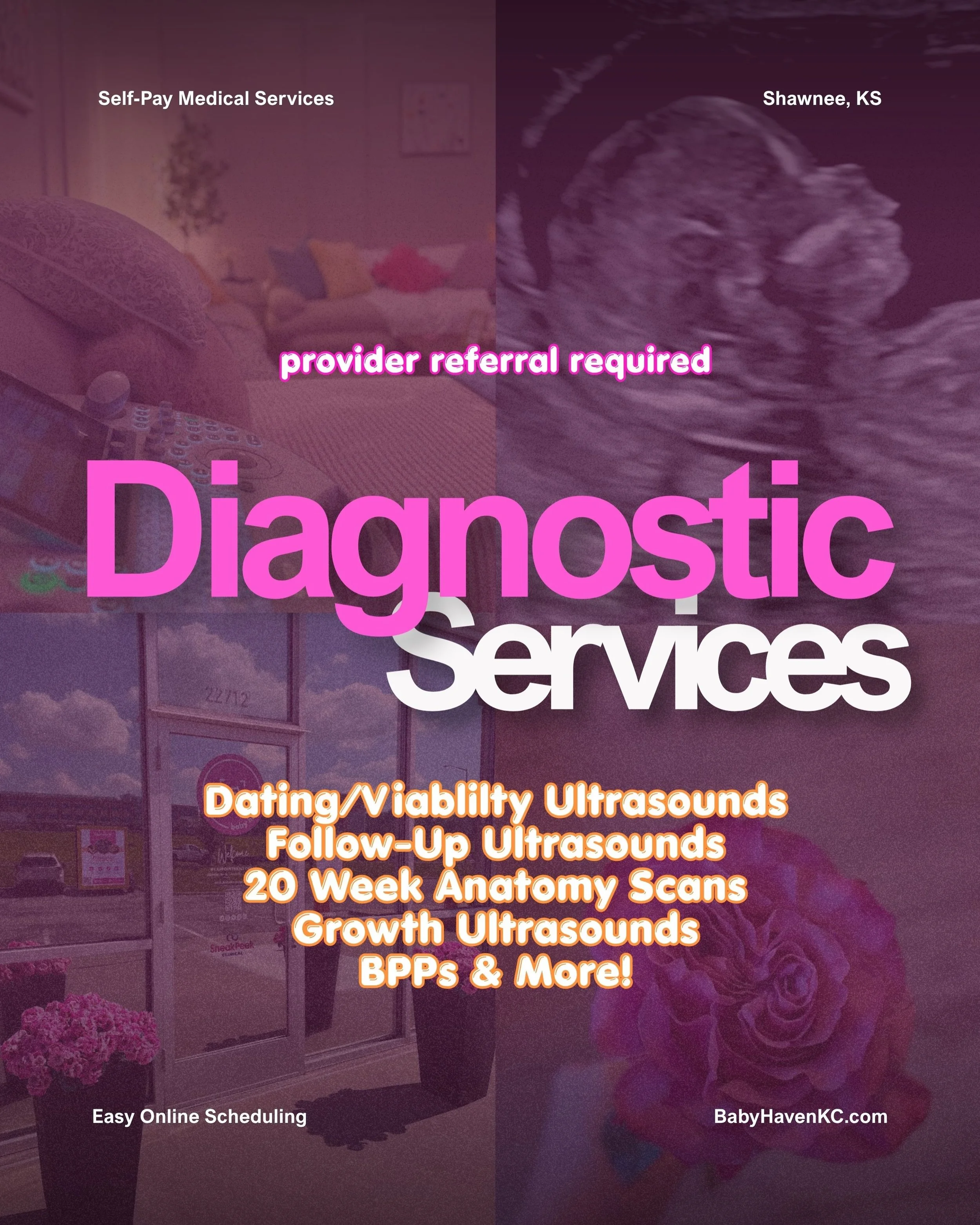 ✨ Questions about Provider-Ordered Ultrasounds at Baby Haven KC? 🩷

🤍 How do I schedule?
Once your provider has ordered the desired scan, you can self schedule online at BabyHavenKC.com. If your order is being faxed, please make sure it has been re