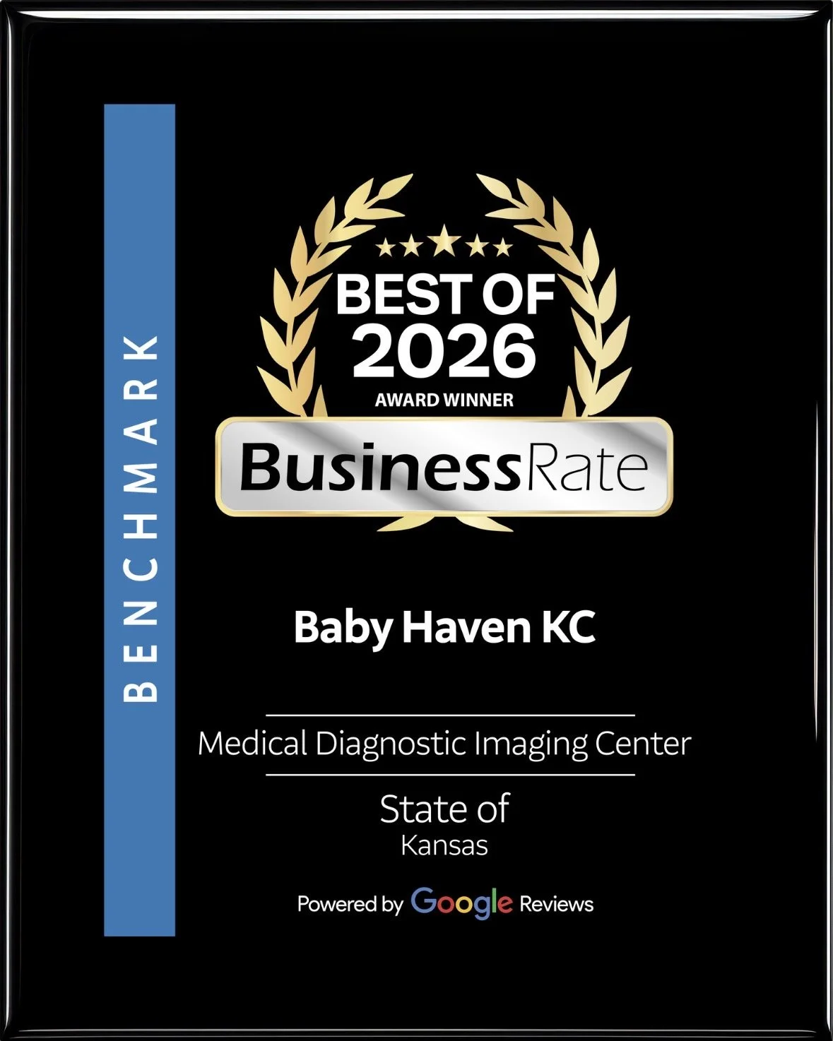 Award plaque for Baby Haven KC, recognizing it as the best Medical Diagnostic Imaging Center in Kansas in 2026, powered by Google Reviews.