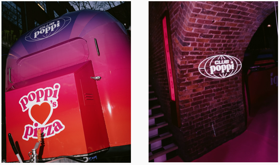 Poppi air stream food truck wrapped in pink vinyl, Poppi logo in a mirror with exposed brick walls and neon lit sign in the background