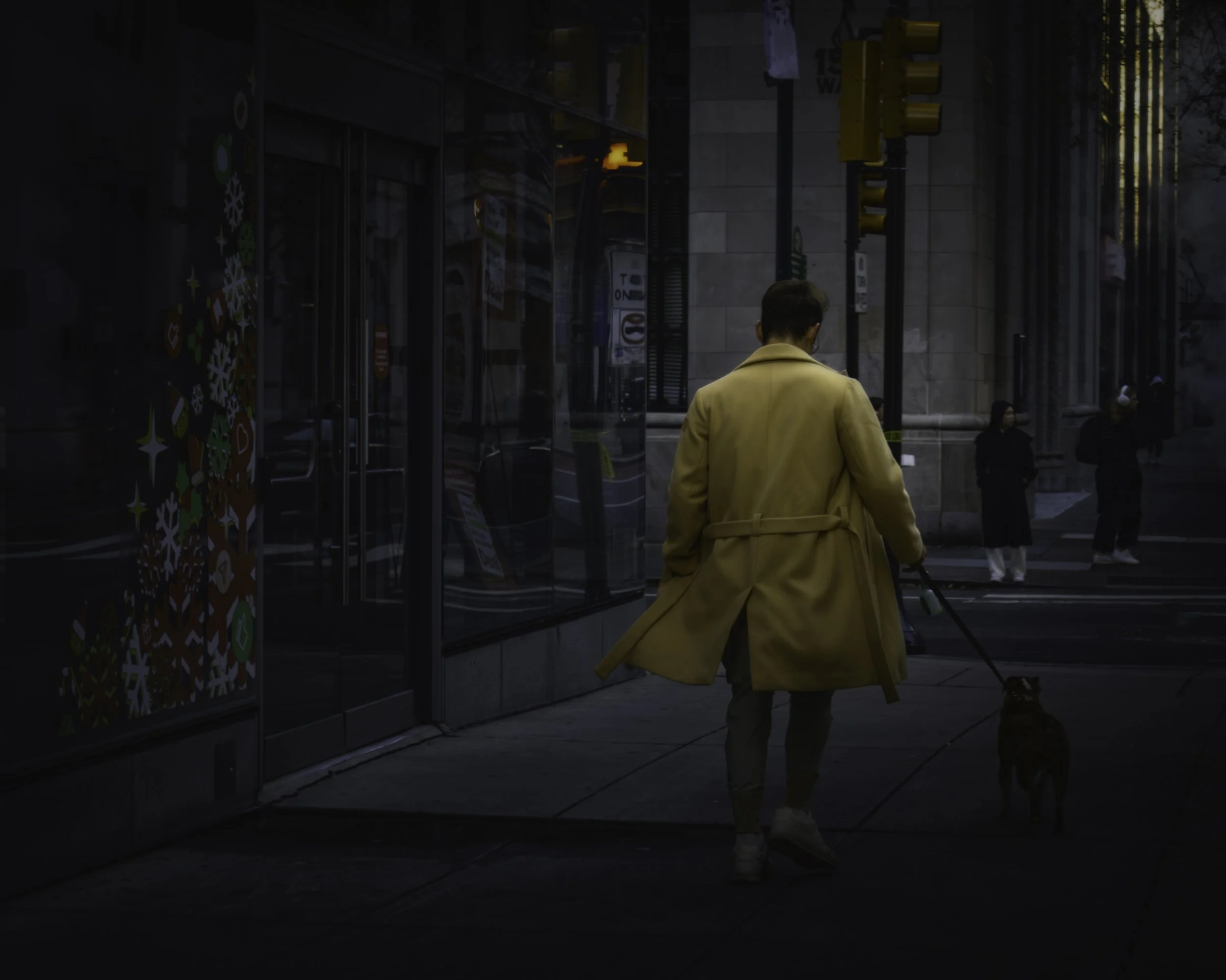 Coat, Dog, City
Person in a tan coat walks a dog along a dark wet sidewalk beside reflective storefront windows.