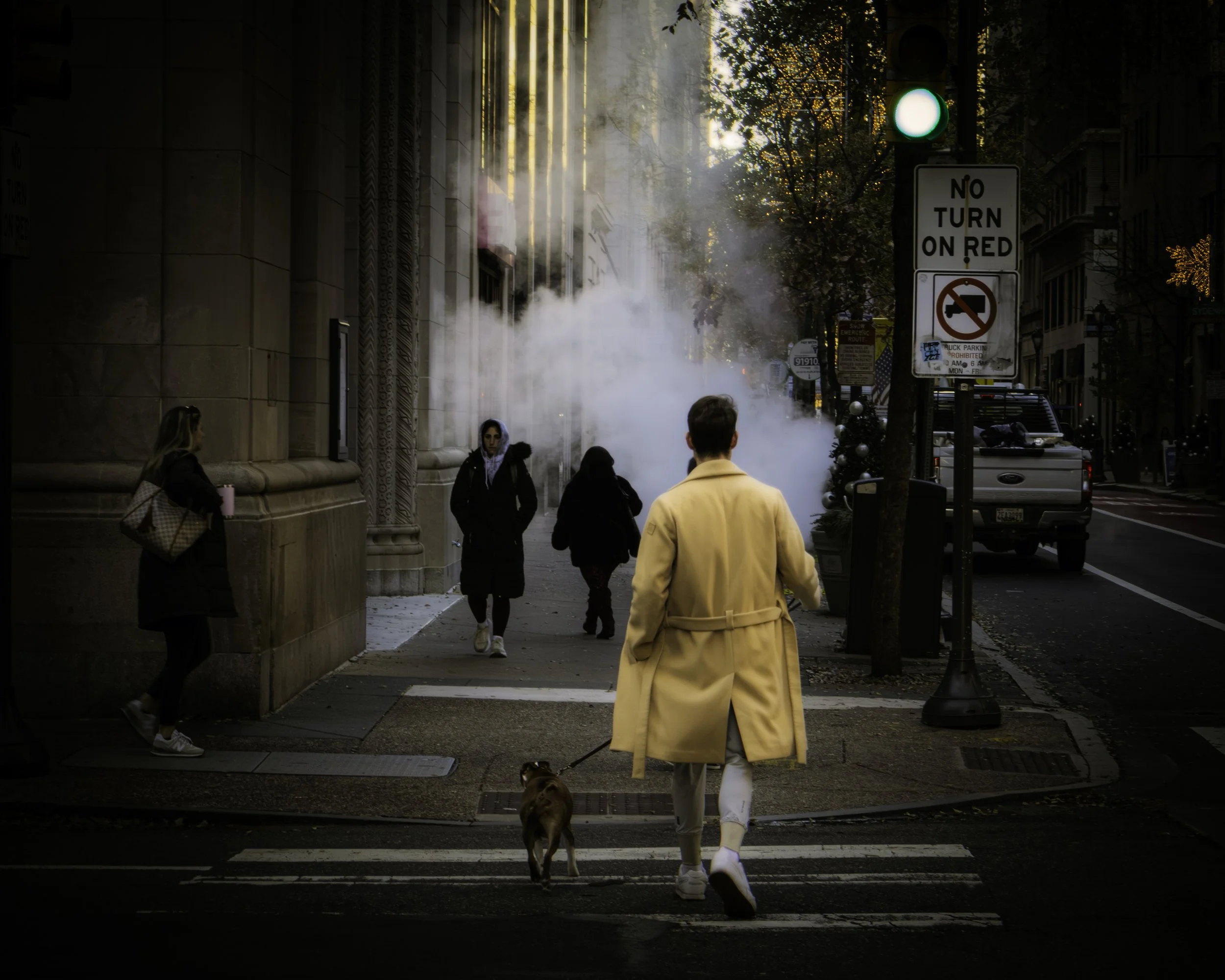 Crossing Into the Morning Haze
Person in a tan coat walks a dog across a street toward a large cloud of steam beneath a green traffic light and a no-turn-on-red sign.