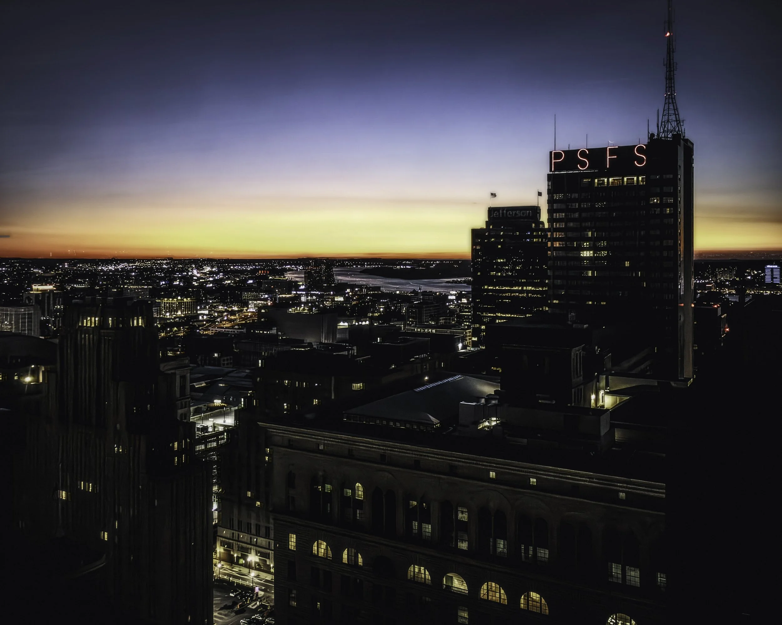 Morning Over Philadelphia
Philadelphia skyline at sunrise with the PSFS building glowing above downtown.