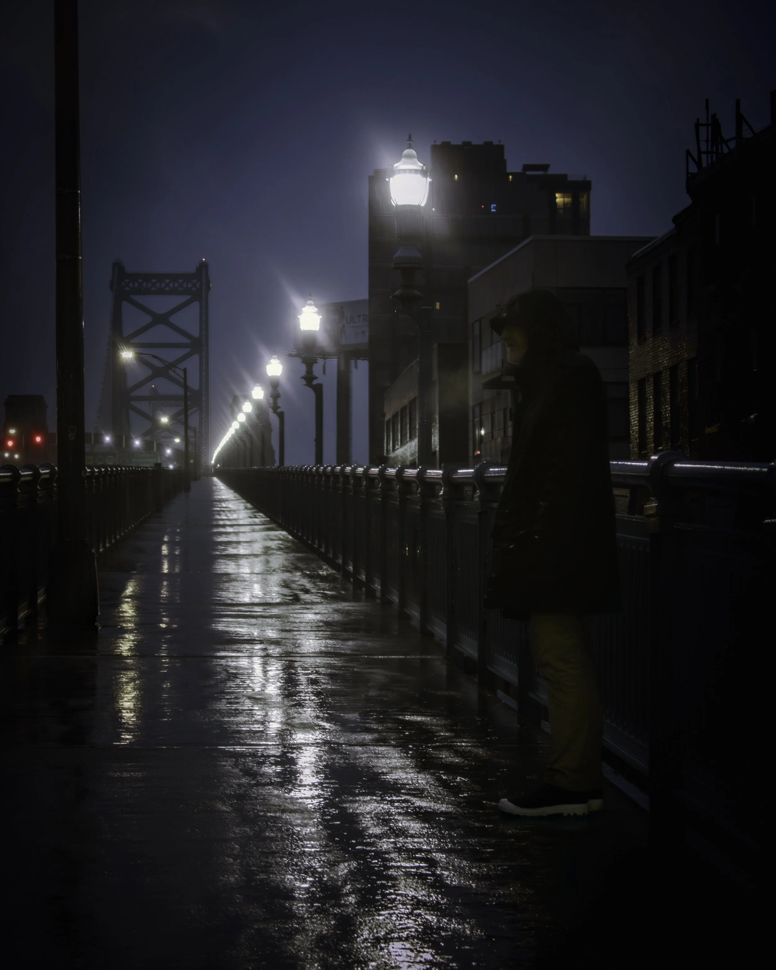 The Long Walk Home
Lone figure walking along a rain-soaked bridge walkway, lit by a row of streetlamps with reflections on the wet pavement.