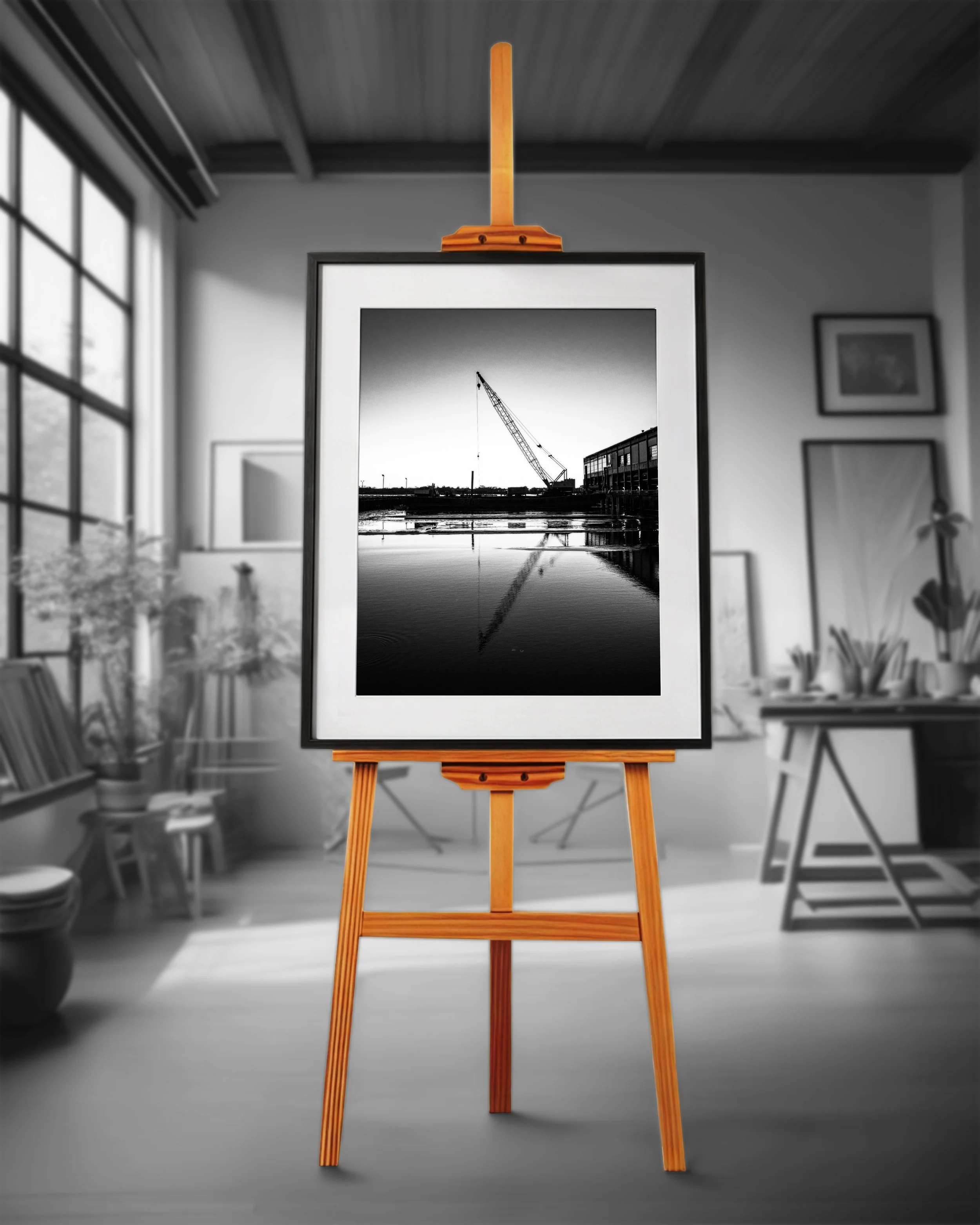 Black and white photograph on wooden easel showing industrial crane reflected in calm water, framed artwork in bright interior studio space with natural window light