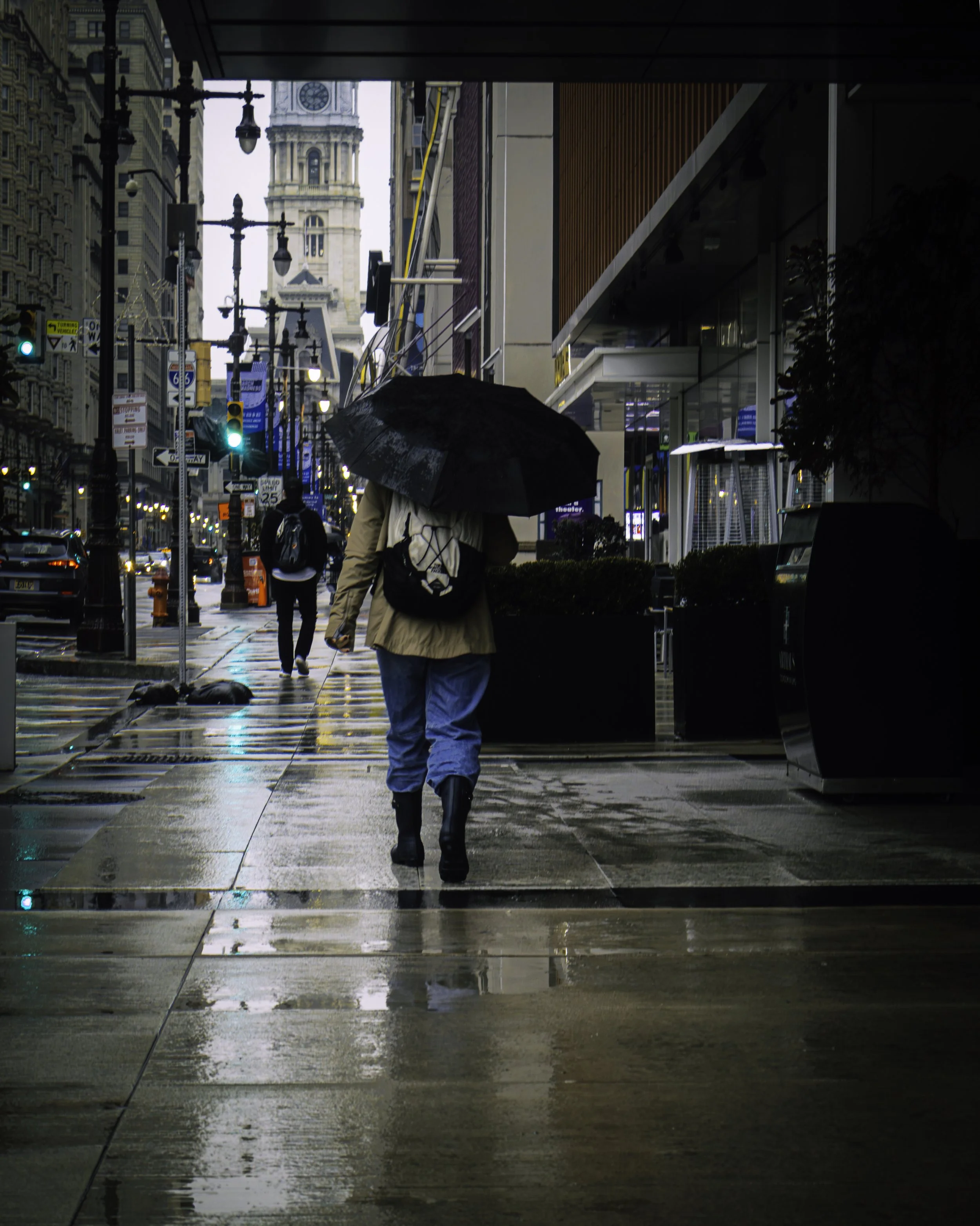 Toward City Hall
Person with a black umbrella walks along a wet city sidewalk with Philadelphia City Hall visible in the distance.