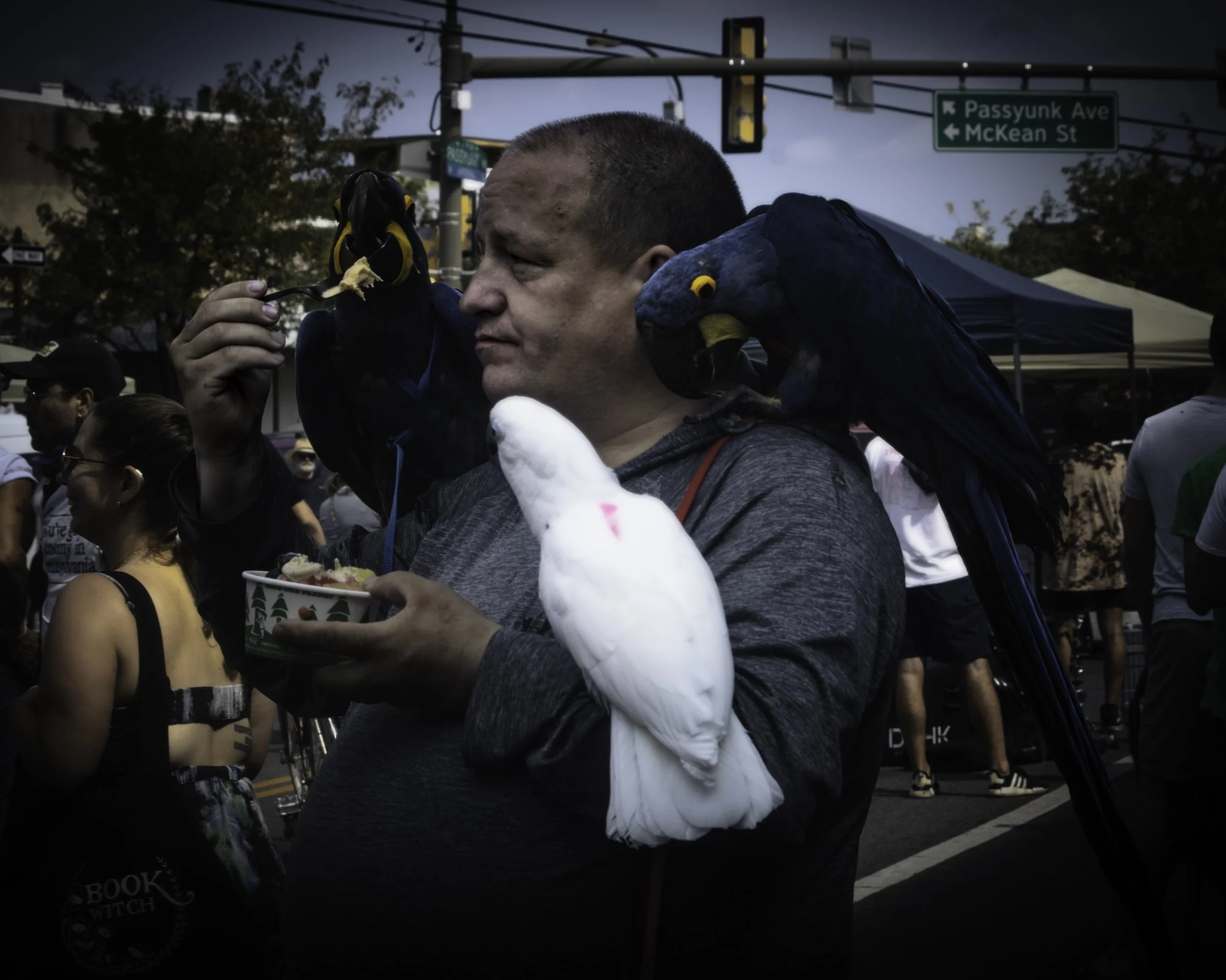 Bowl and Feathers
Man eating from a bowl while large parrots perch on his shoulders at an outdoor street festival.