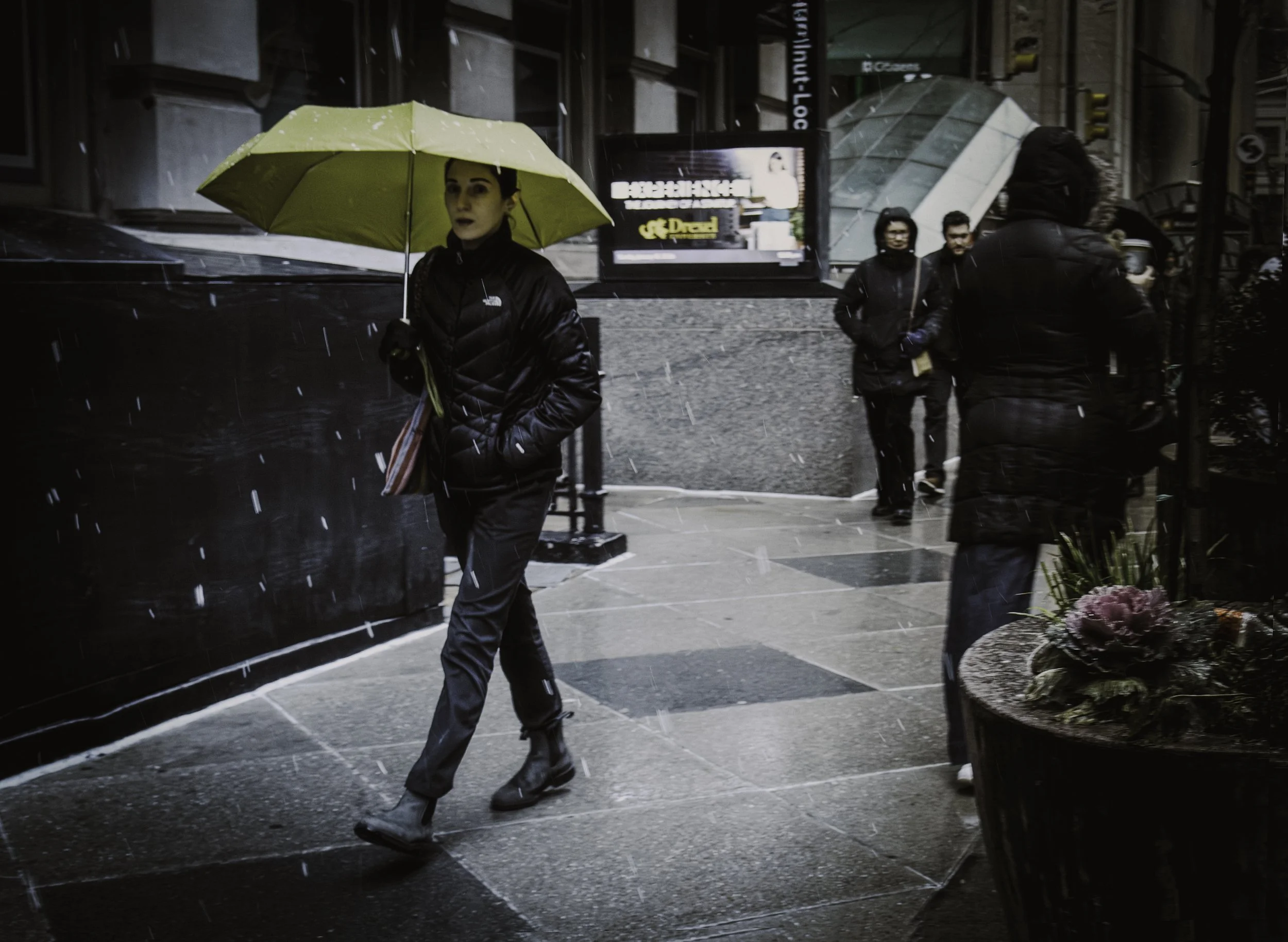 Passing Through Weather
Woman carrying a light green umbrella walks through falling rain on a city sidewalk as bundled pedestrians move behind her.