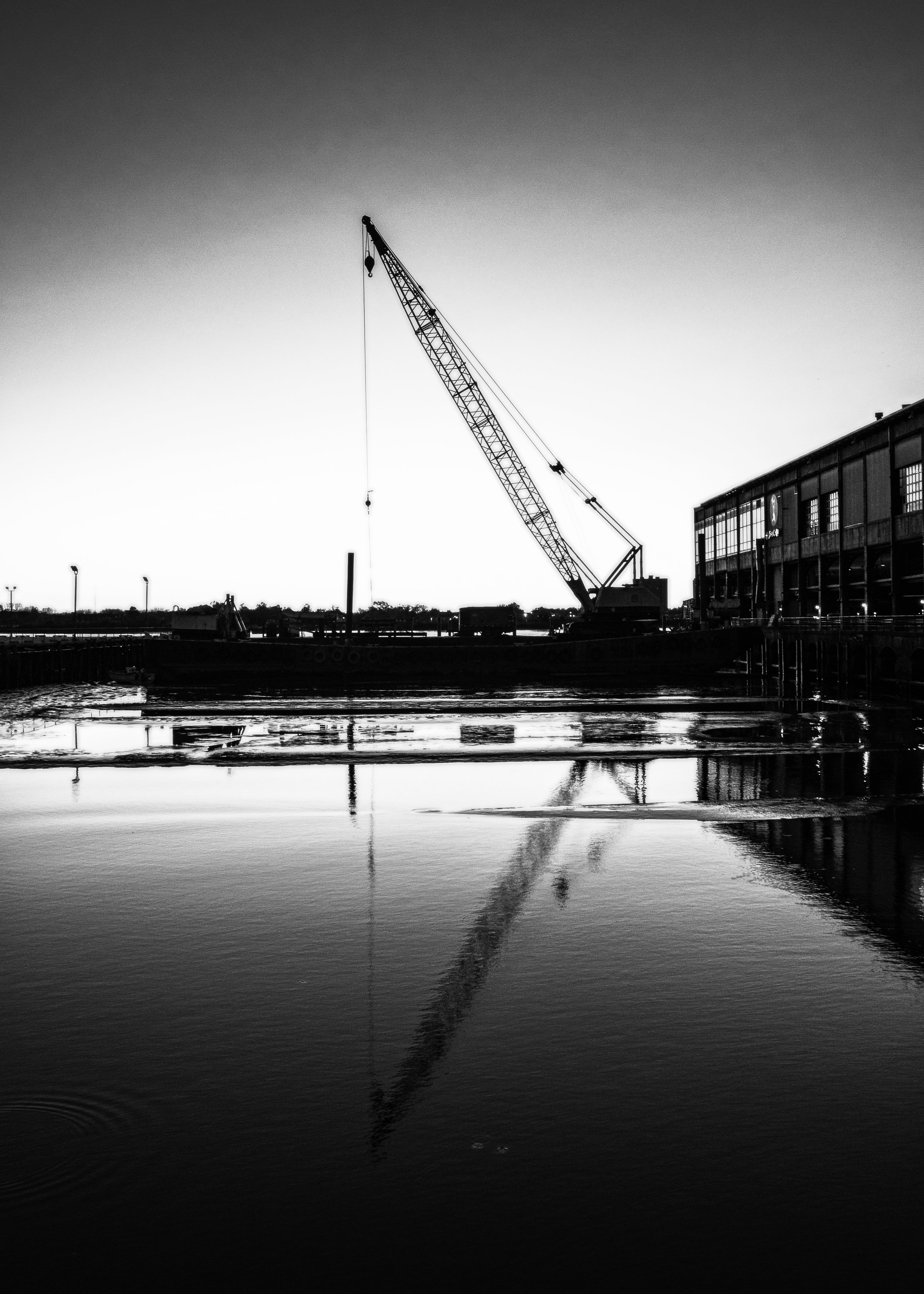 Black Water, Steel Form
Black and white photograph of a crane and industrial building reflected in a broad puddle beside the waterfront.