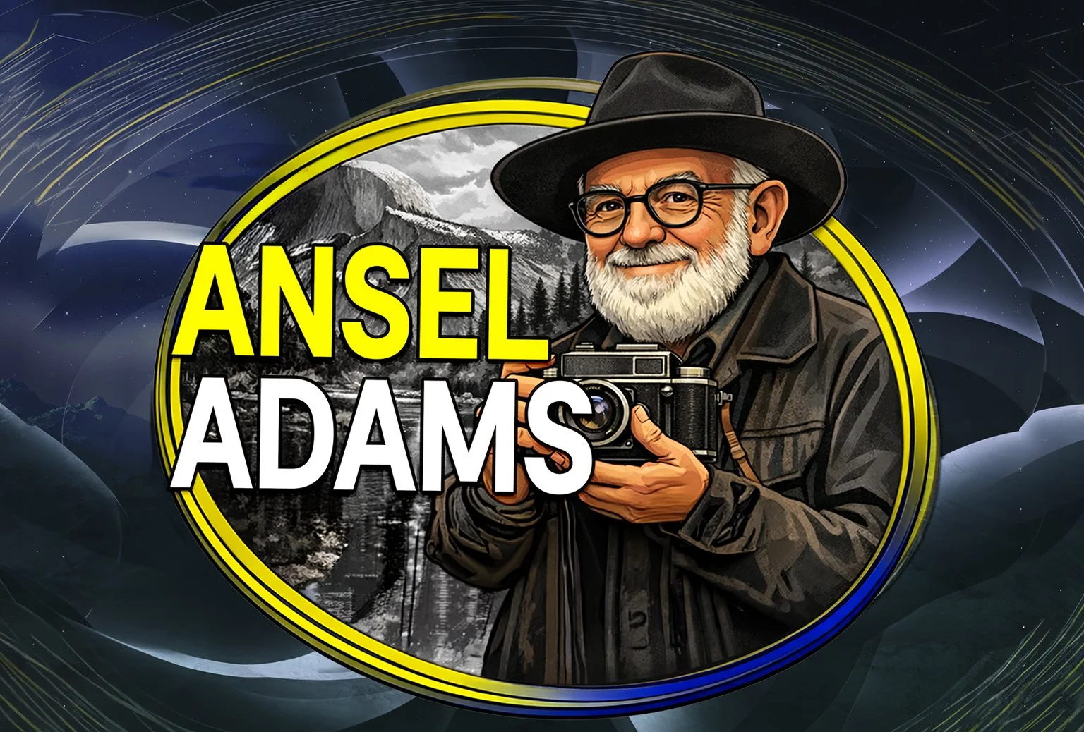 Illustrated portrait of Ansel Adams holding vintage camera, wearing black hat and glasses with white beard, framed in yellow and blue circle with mountain landscape background and bold text reading ANSEL ADAMS
