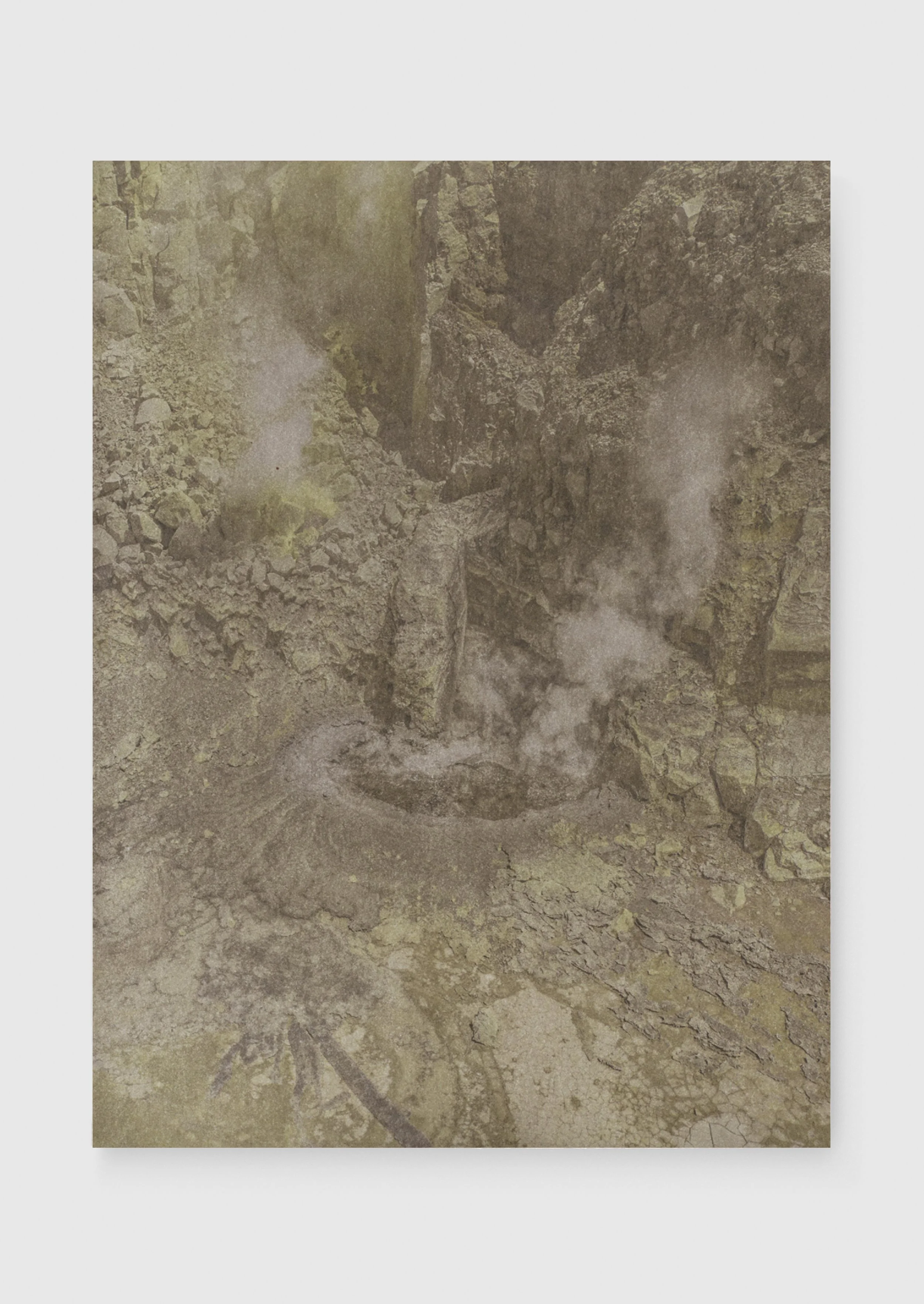 Julian Charrière — After the Smoke Cradle (Stone 16), 2025 — Photolithography with pigments derived from volcanic ash, lava, obsidian, and sulfur, in an artist’s frame, 42/32 cm, Unique Work